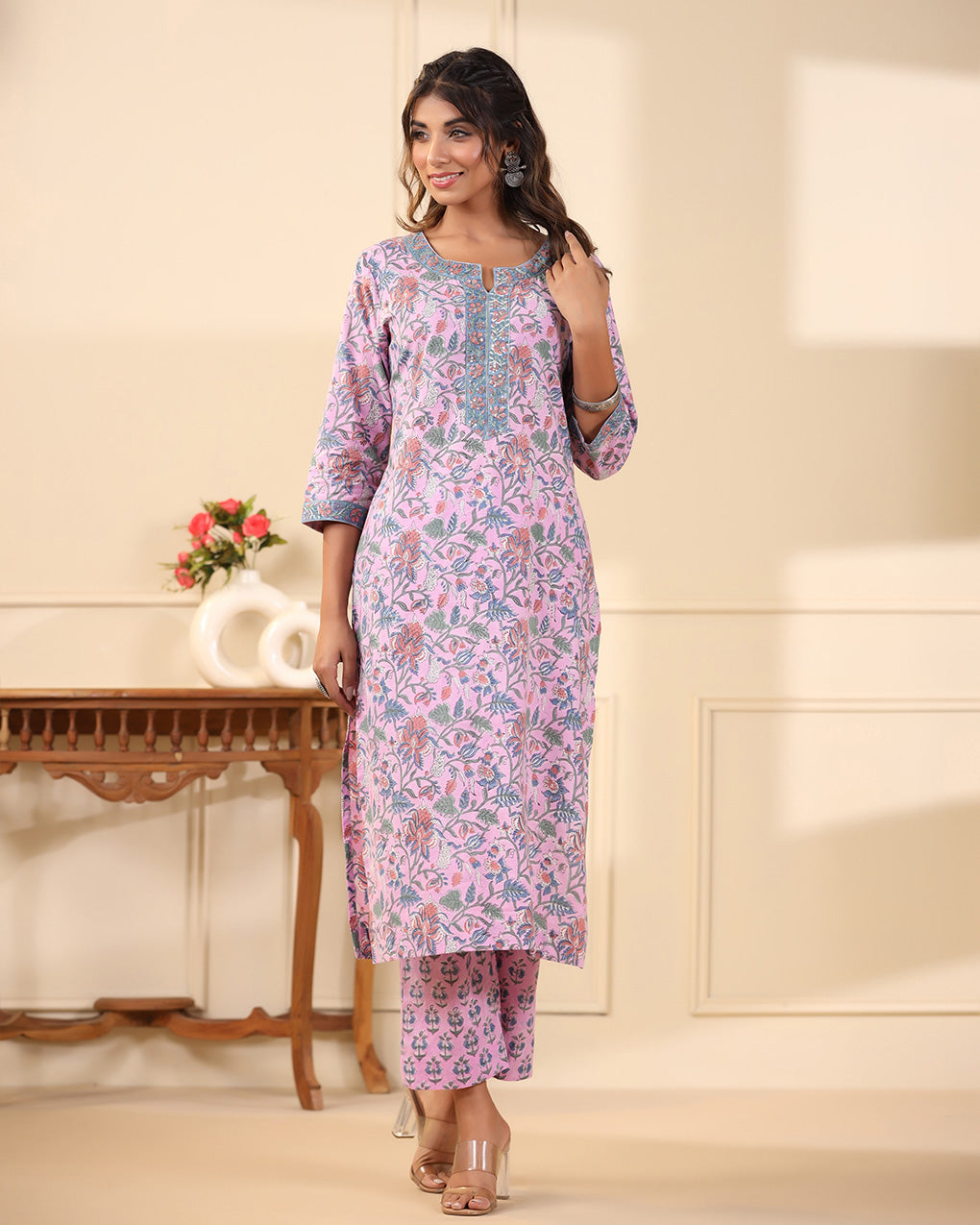 Lavender Jaal Handblock Printed Cotton Kurta Pant Set