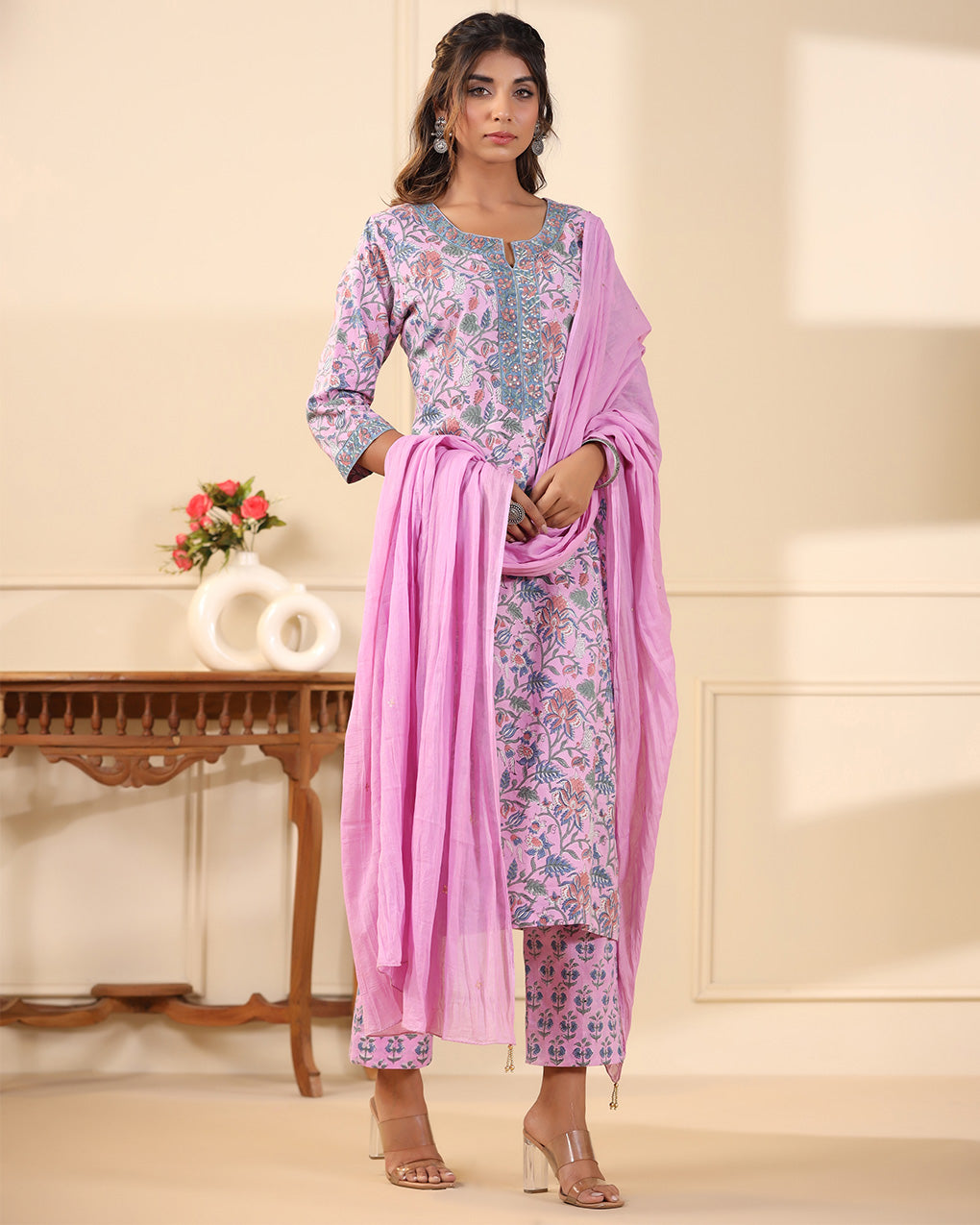 Lavender Jaal Handblock Printed Cotton Kurta Pant Set