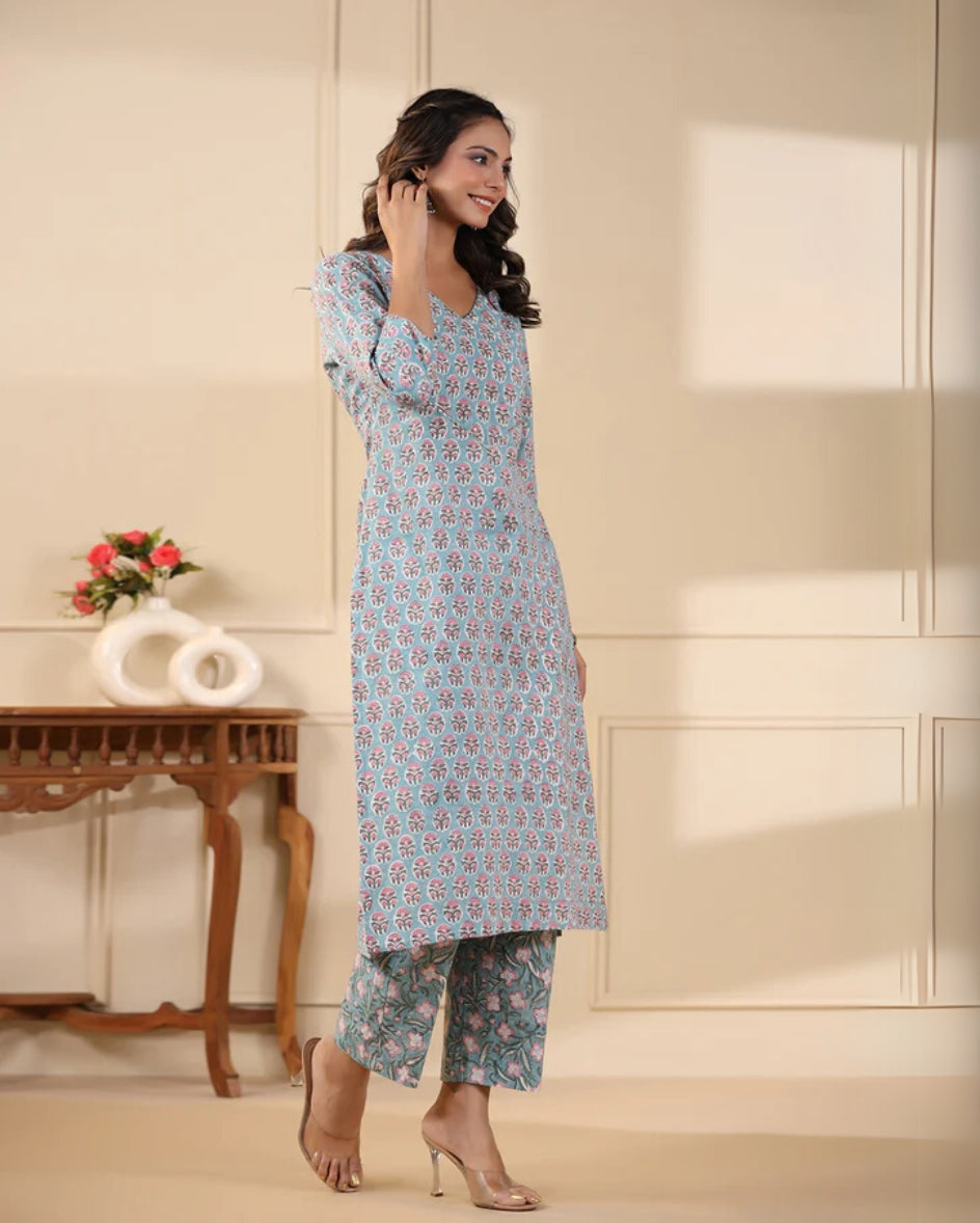 Aqua Butti Handblock Printed Cotton Kurta Pant Set