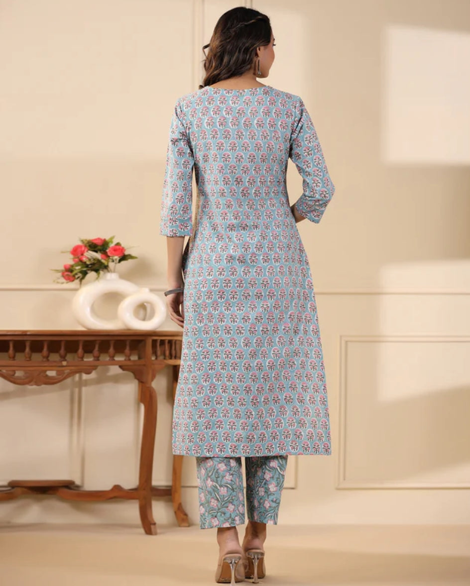 Aqua Butti Handblock Printed Cotton Kurta Pant Set