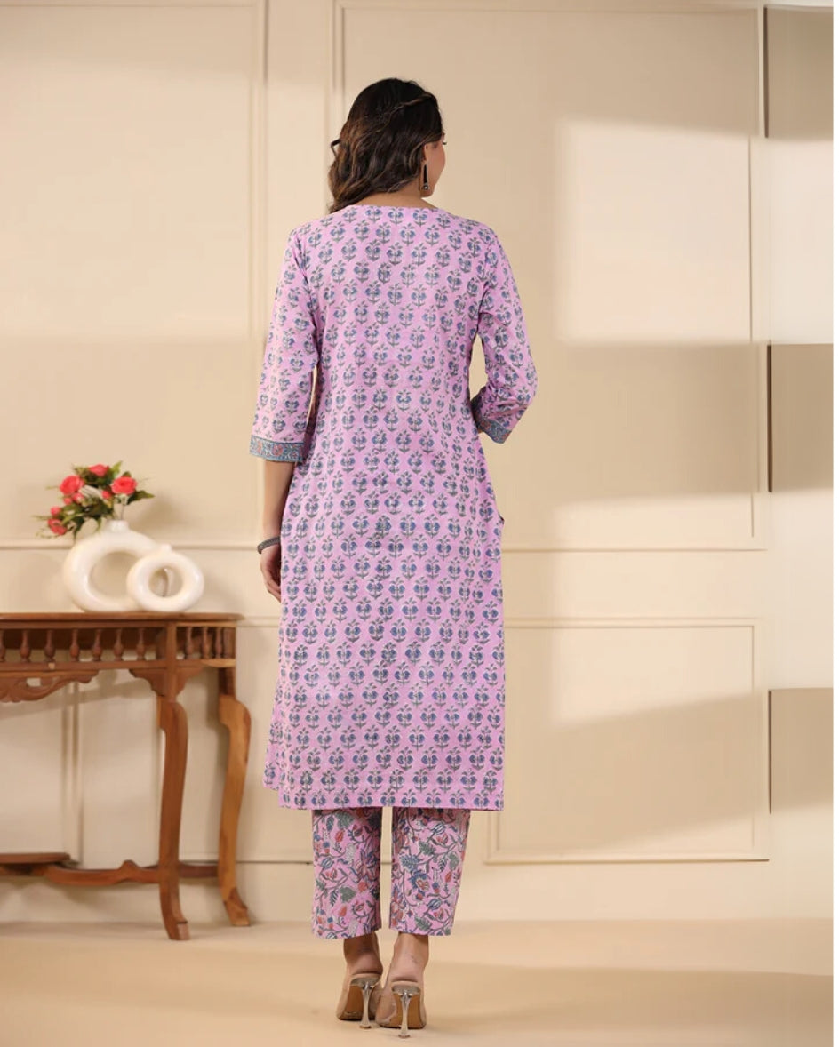 Lavender Butti Handblock Printed Cotton Kurta Pant