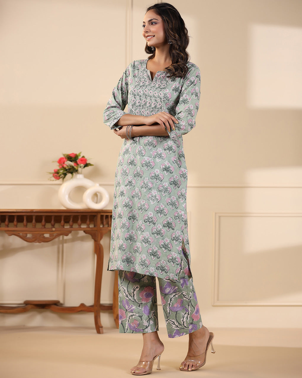 Sea Green & Pink Butti Handblock Printed Cotton Kurta Pant Set
