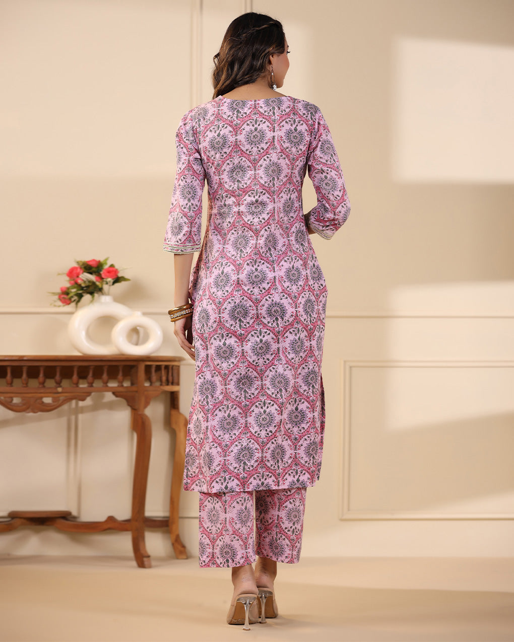Pink Jaal Handblock Printed Cotton Kurta Pant Set
