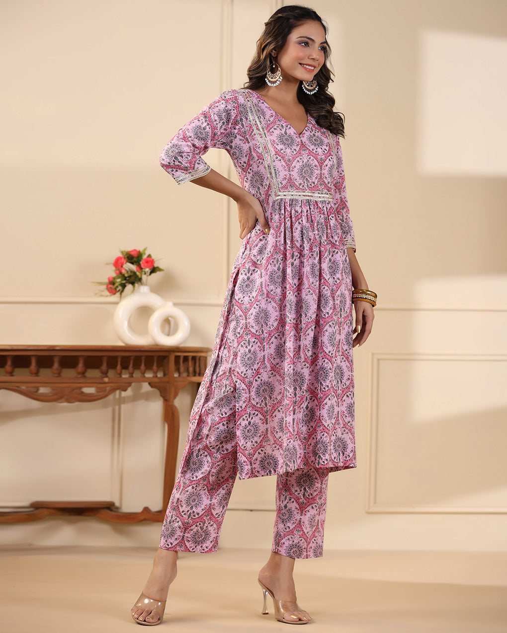 Pink Jaal Handblock Printed Cotton Kurta Pant Set