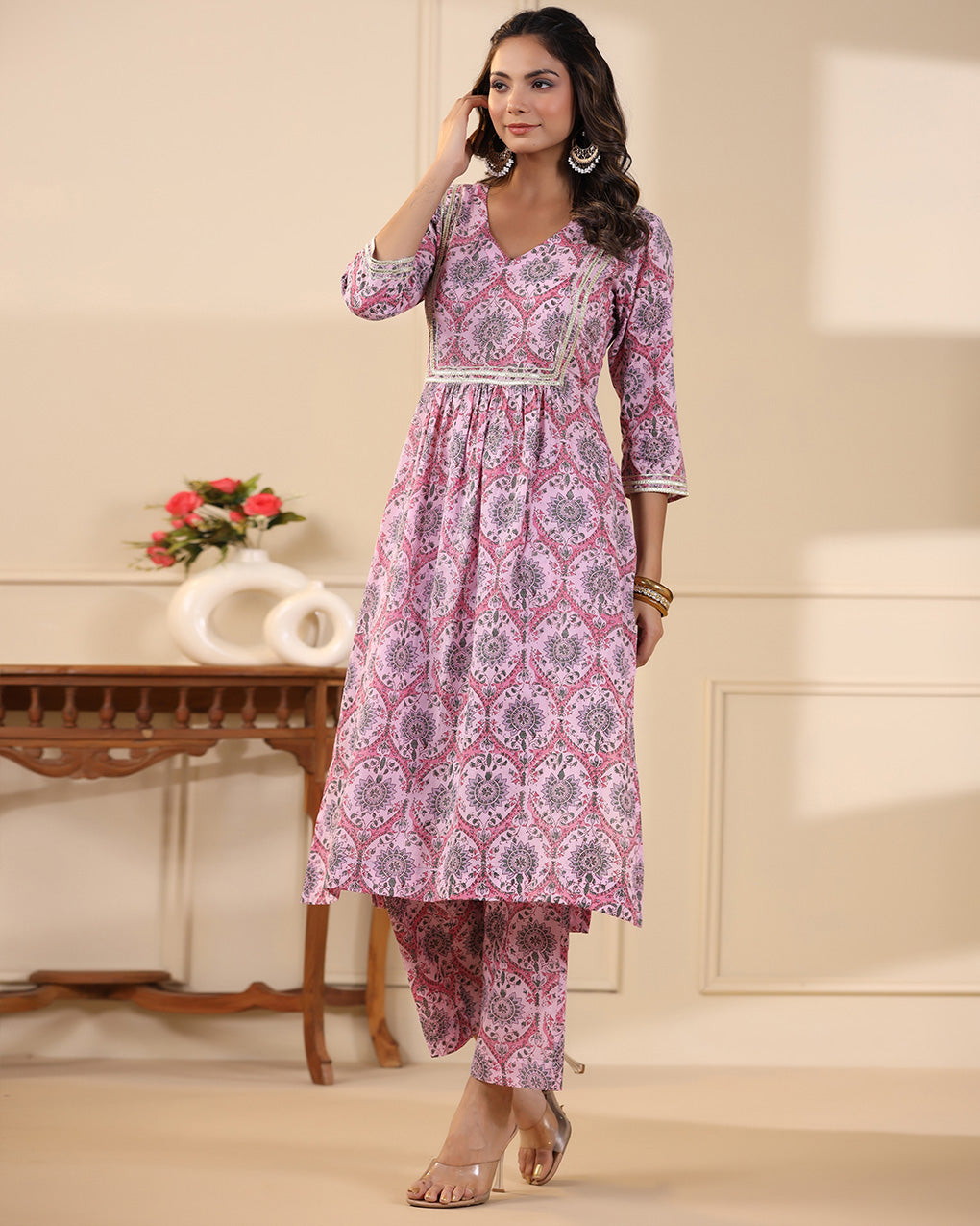 Pink Jaal Handblock Printed Cotton Kurta Pant Set