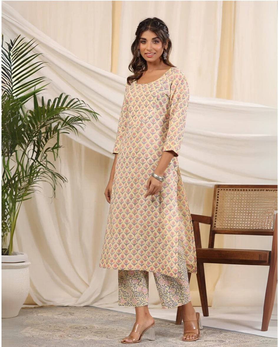 Sadabahaar Yellow & Pink Butti Handblock Printed Cotton Kurta Pant Set
