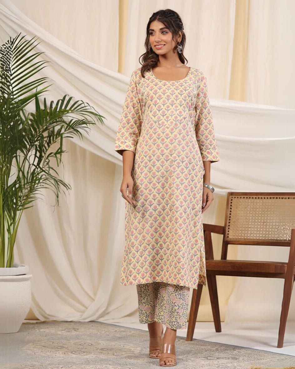 Sadabahaar Yellow & Pink Butti Handblock Printed Cotton Kurta Pant Set