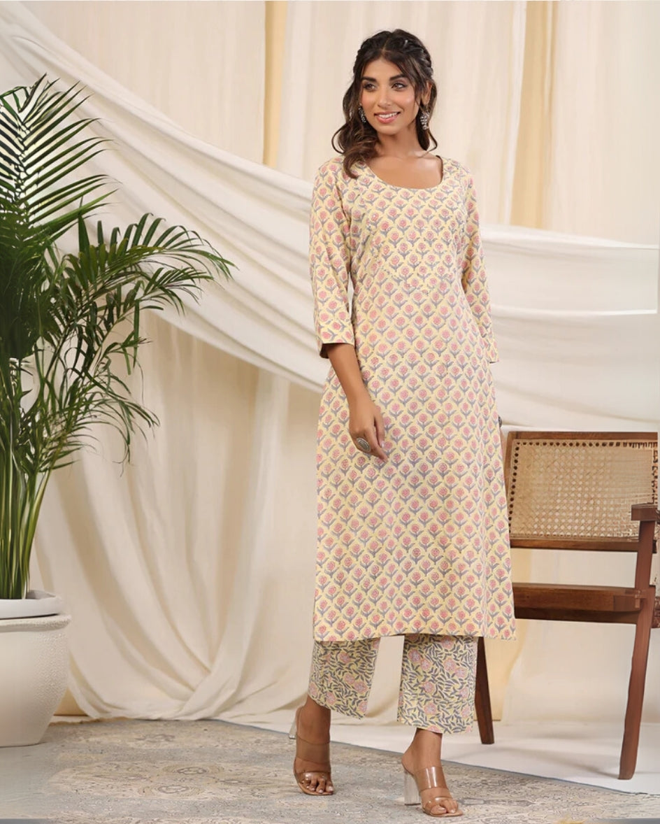 Sadabahaar Yellow & Pink Butti Handblock Printed Cotton Kurta Pant Set