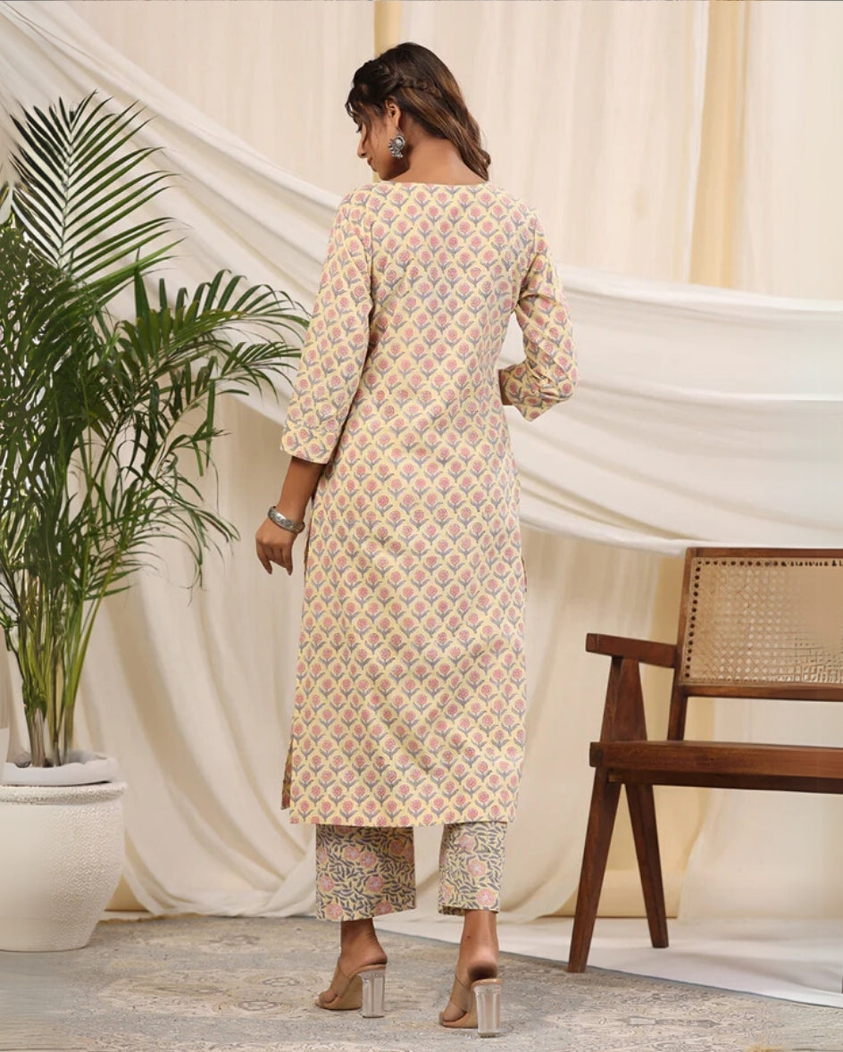 Sadabahaar Yellow & Pink Butti Handblock Printed Cotton Kurta Pant Set