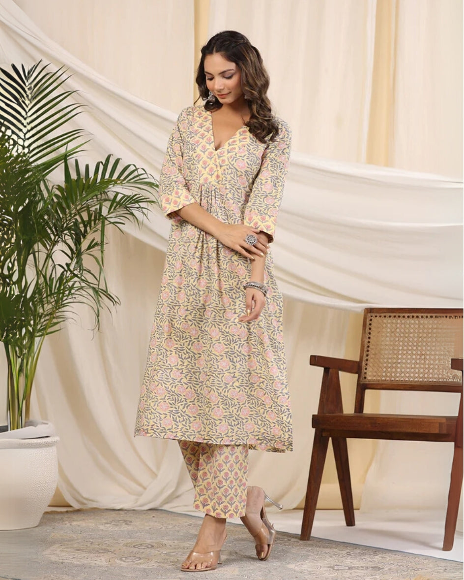 Yellow & Gray Jaal Handblock Printed Cotton Kurta Pant Set