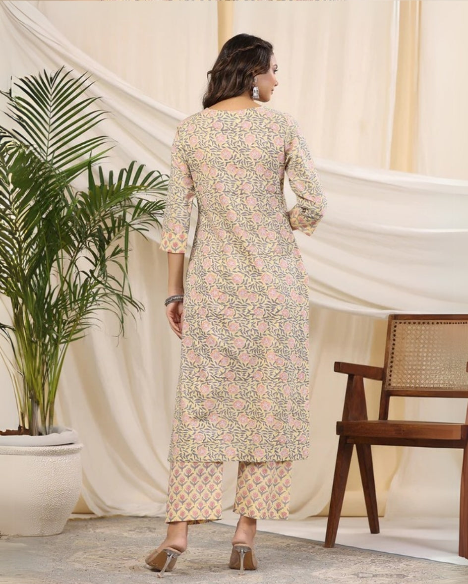 Yellow & Gray Jaal Handblock Printed Cotton Kurta Pant Set