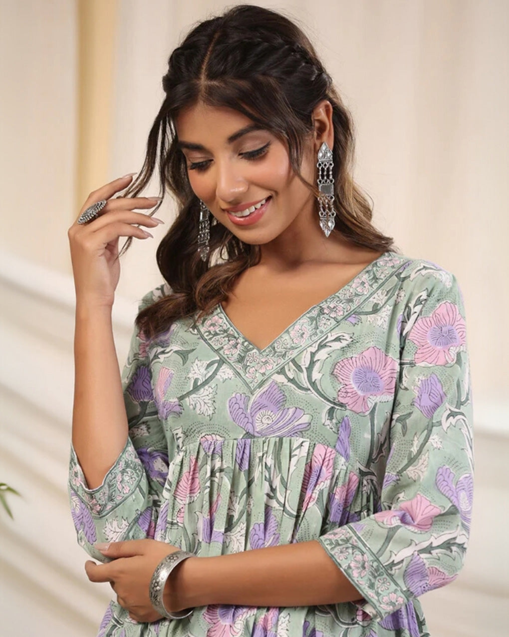 Sadabahaar Sea Green & Pink Jaal Handblock Printed Cotton Kurta Pant Set