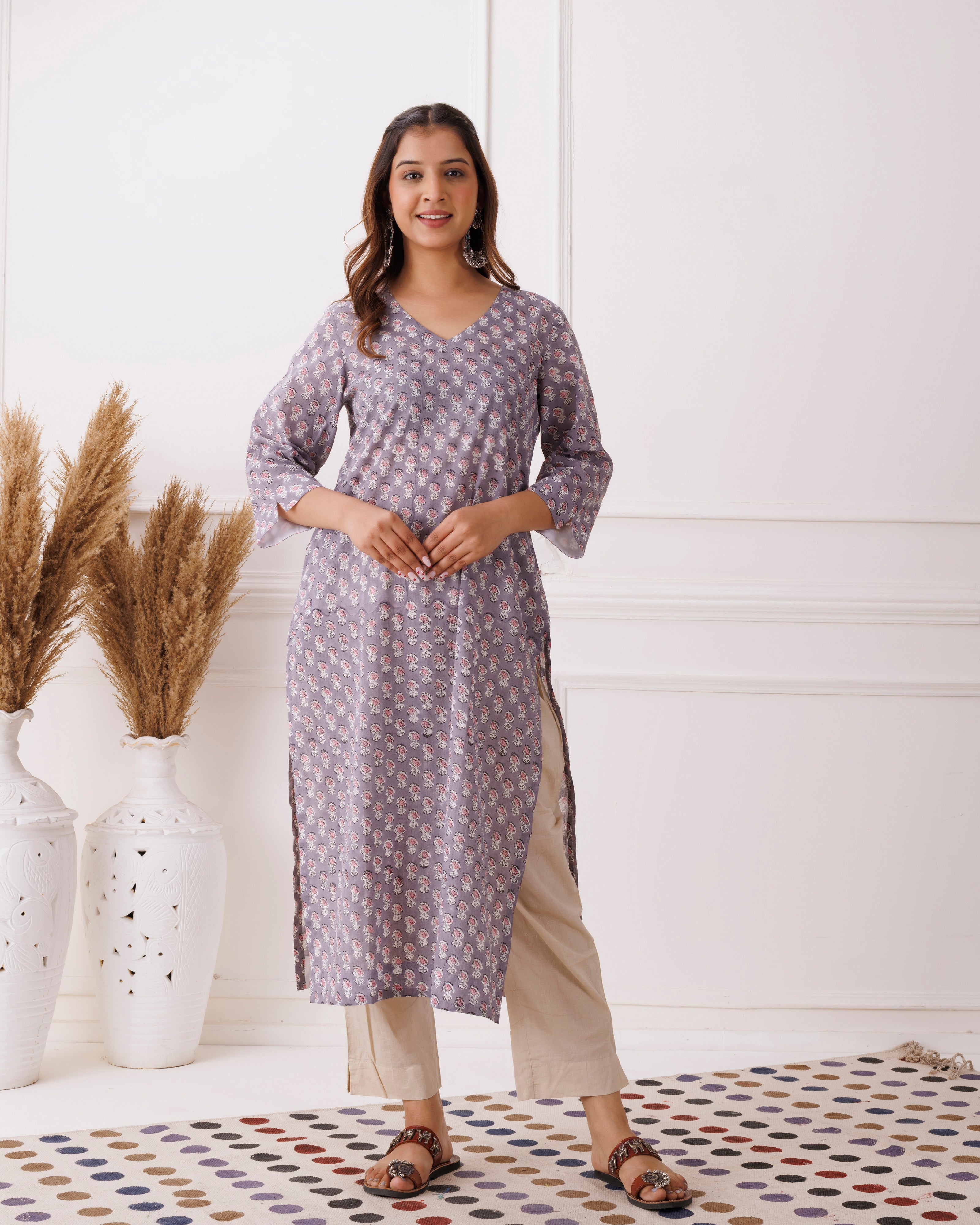 Lavender Handblock Printed Oink Floral Cotton Kurti