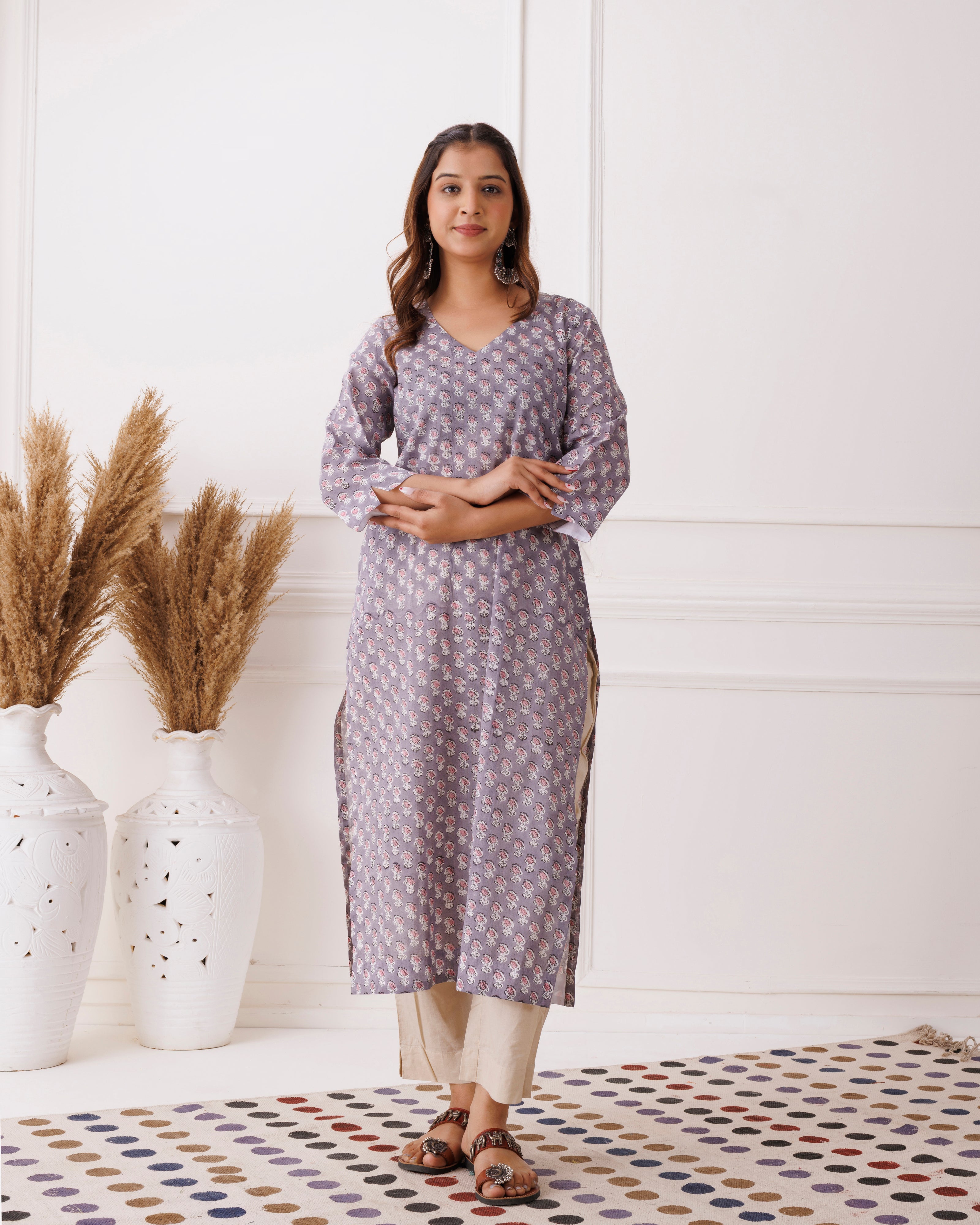 Lavender Handblock Printed Oink Floral Cotton Kurti