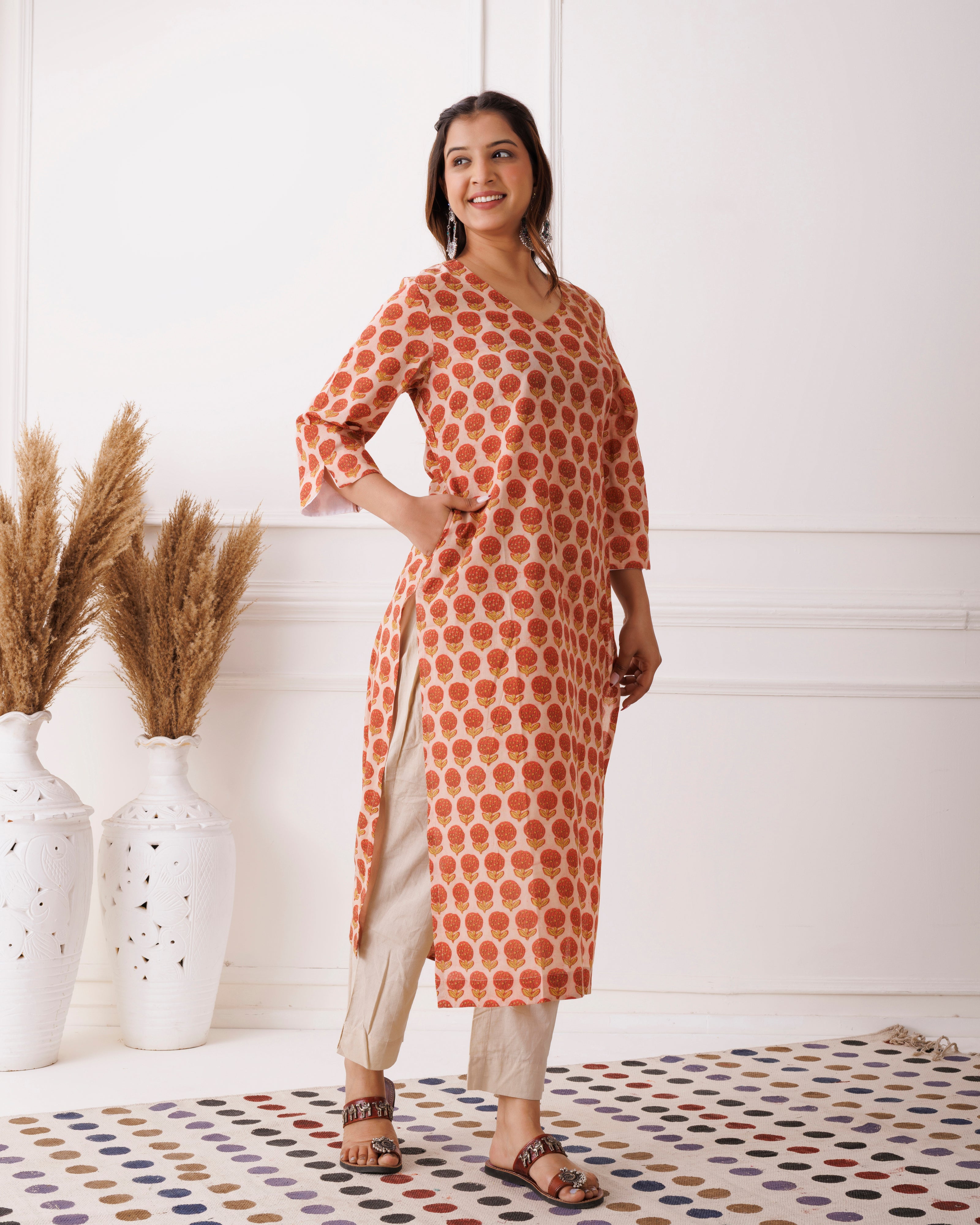 Peach Handblock Printed Rust Cotton Kurti