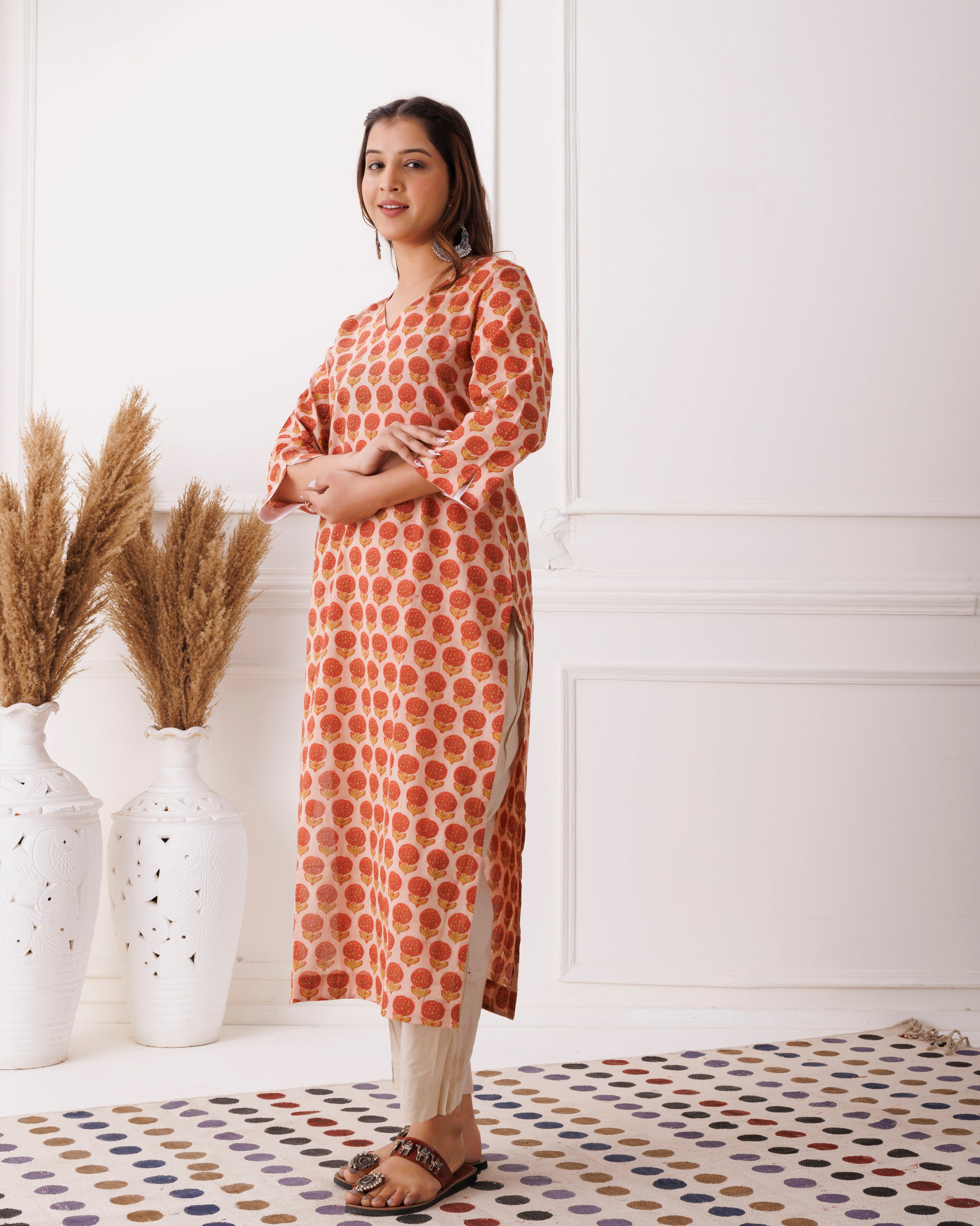 Peach Handblock Printed Rust Cotton Kurti