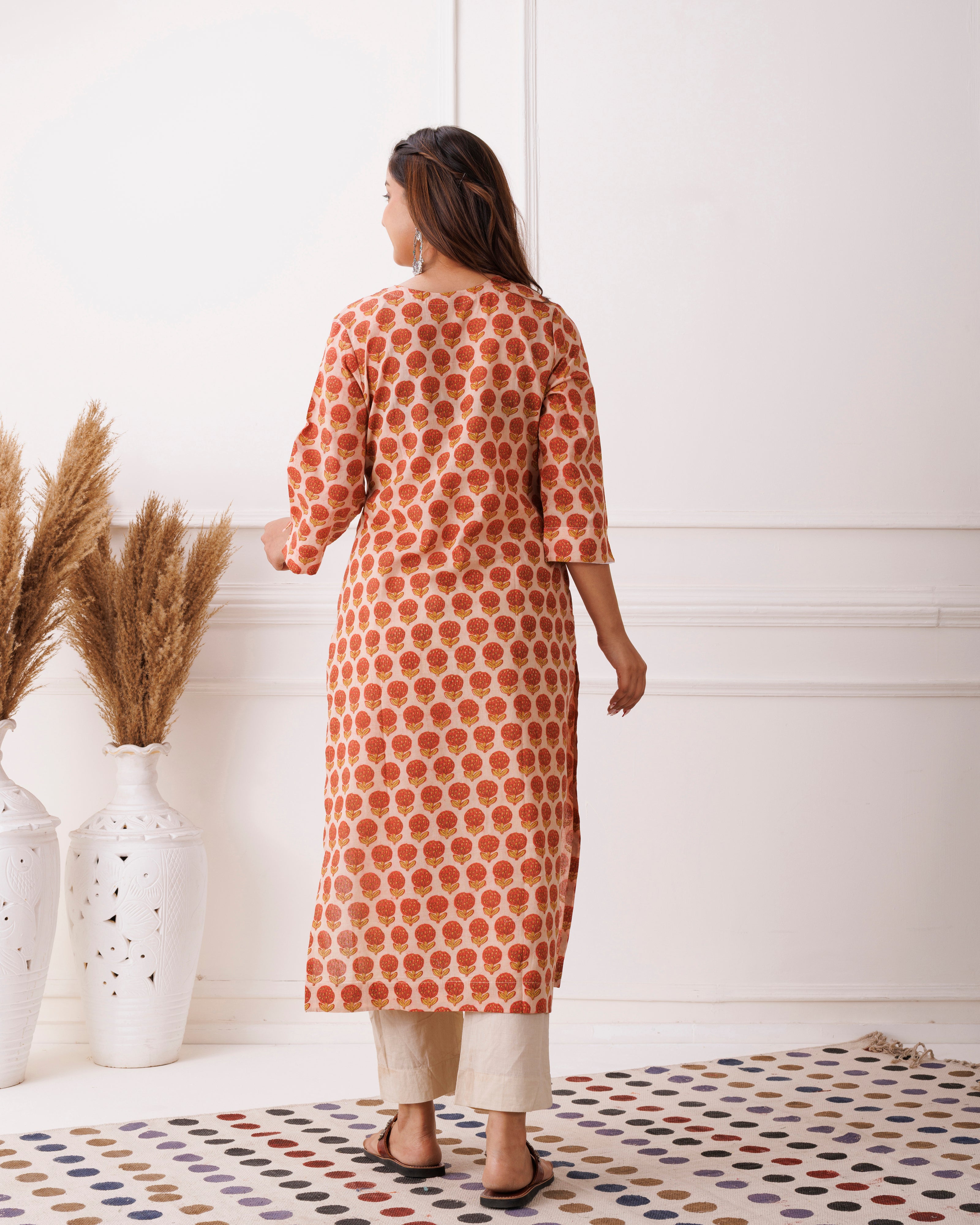 Peach Handblock Printed Rust Cotton Kurti