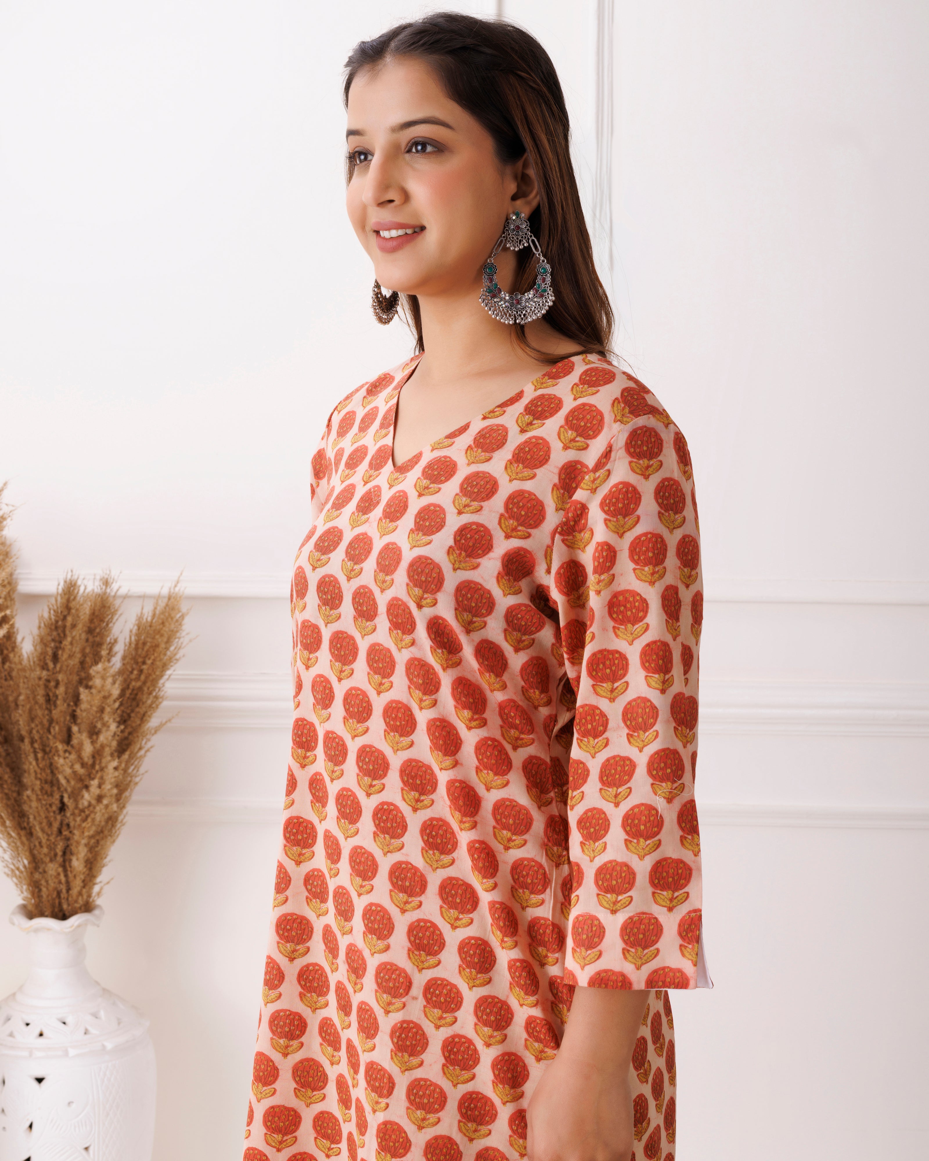 Peach Handblock Printed Rust Cotton Kurti