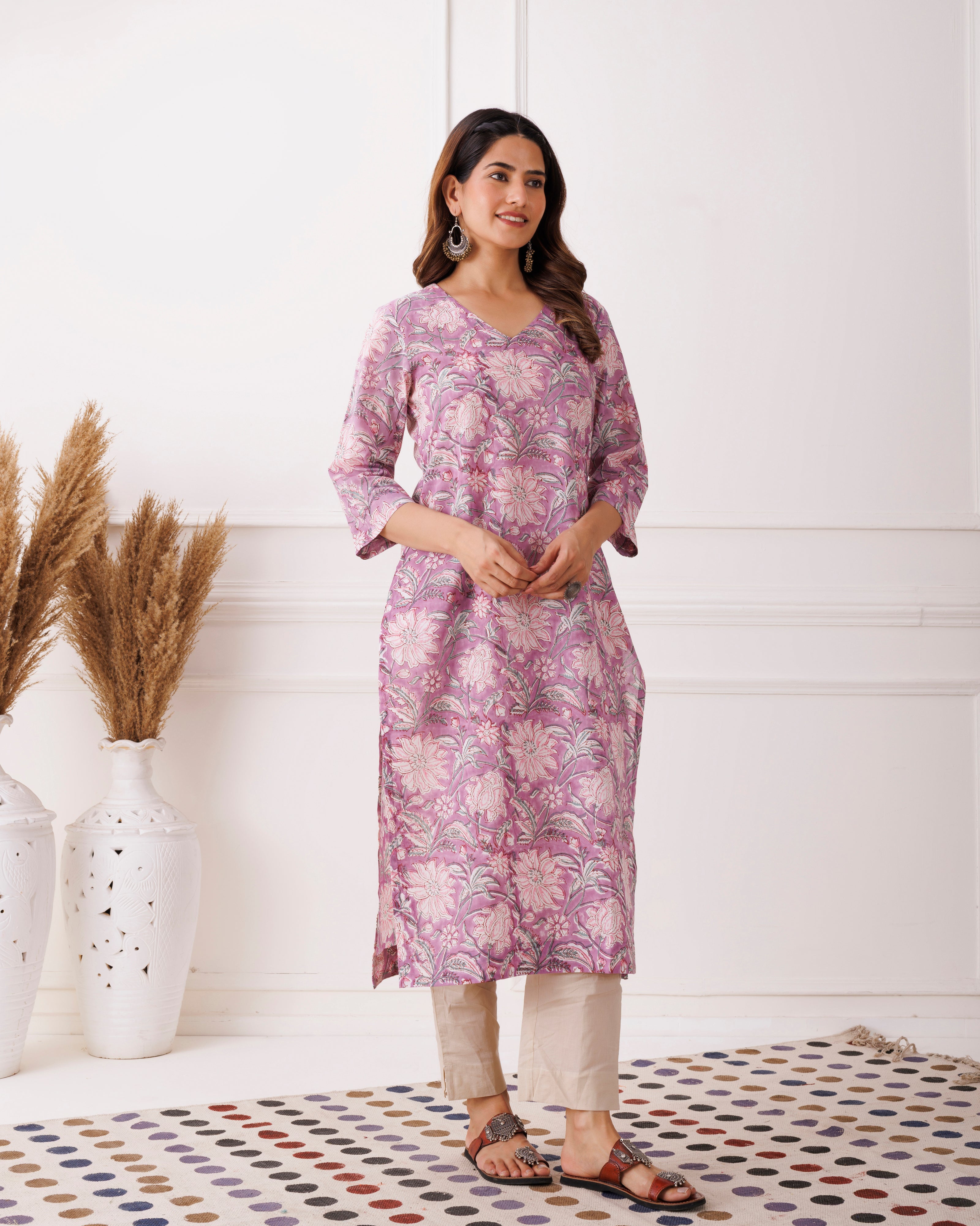 Lilac Floral Handblock Printed Cotton Kurti