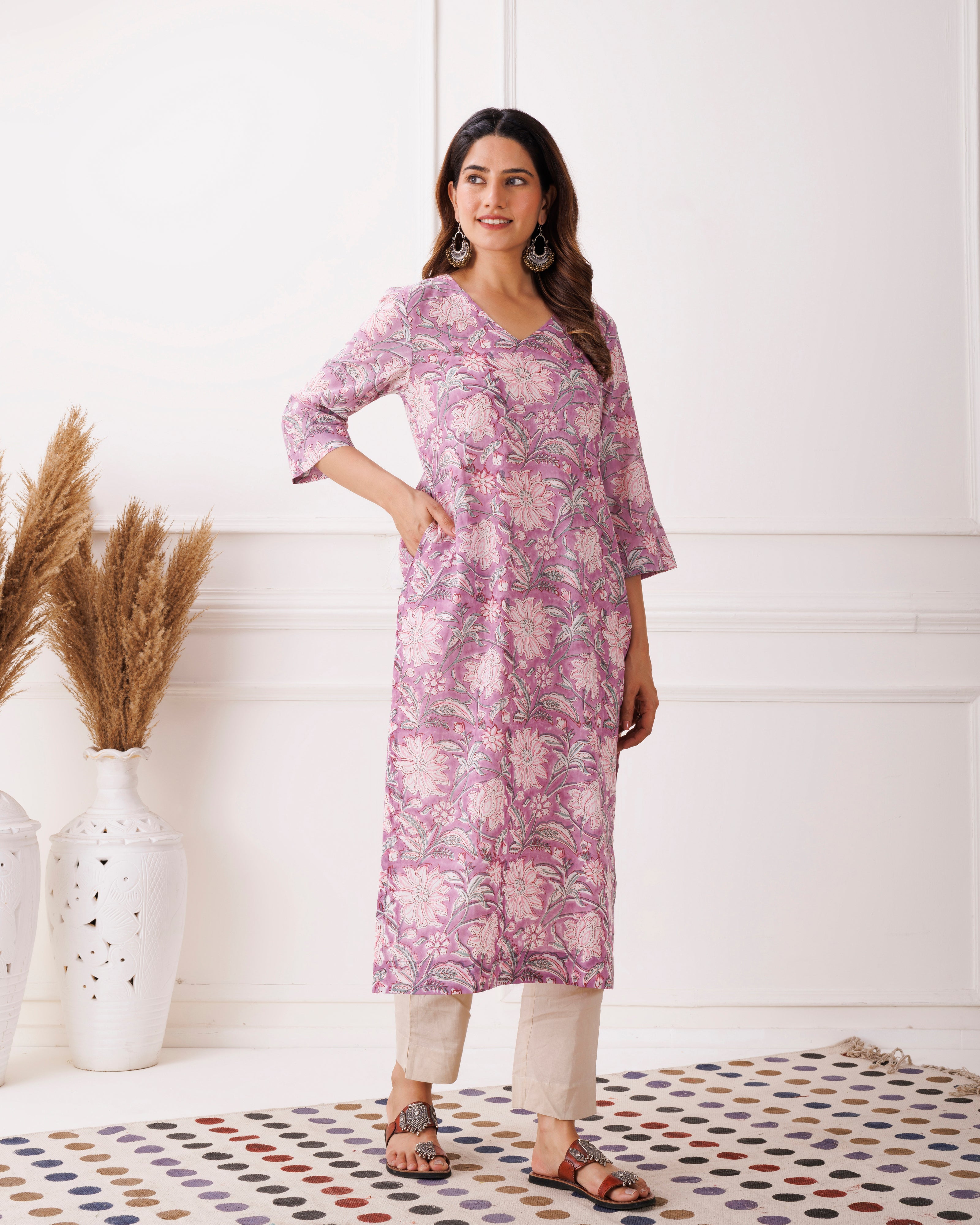 Lilac Floral Handblock Printed Cotton Kurti