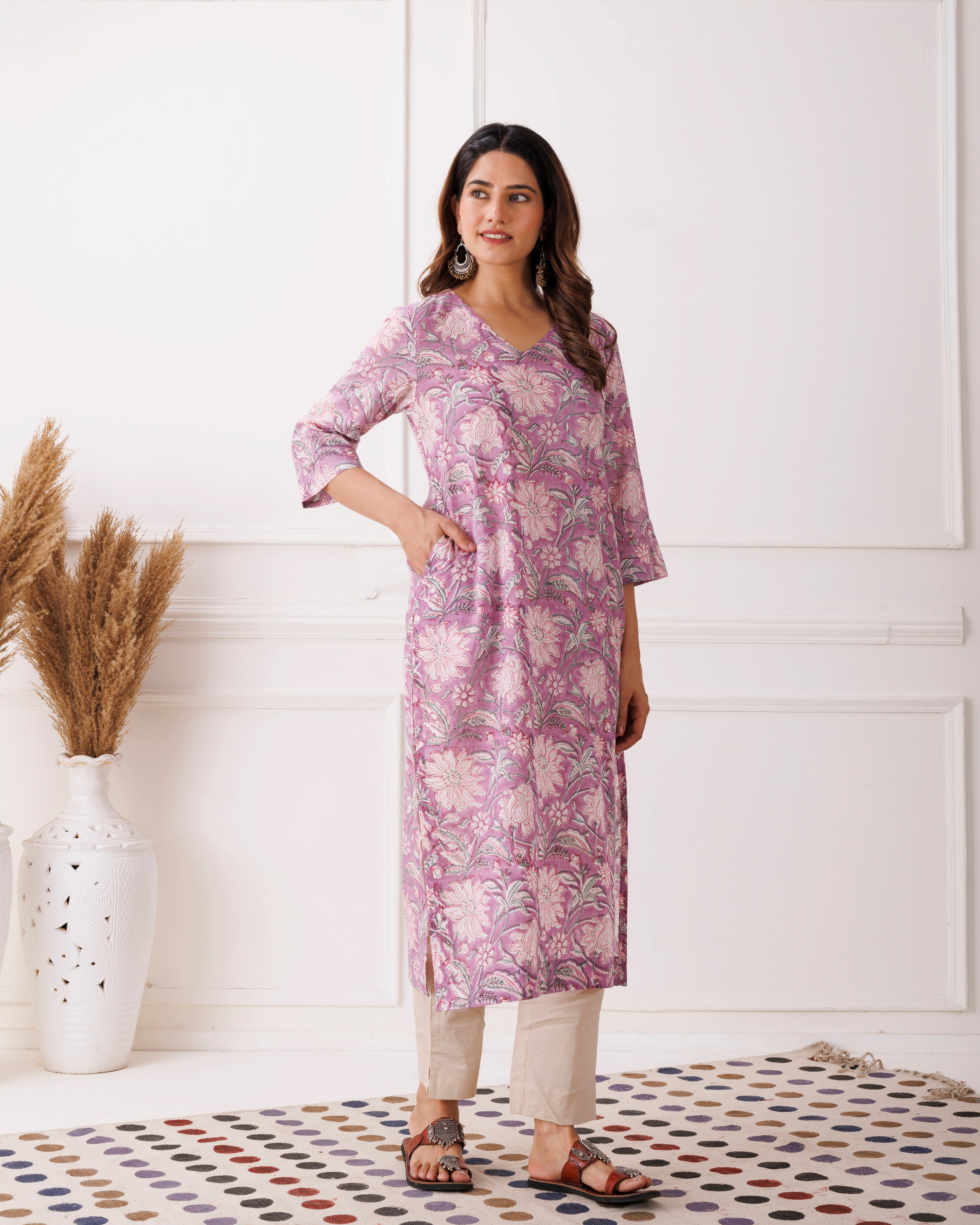 Lilac Floral Handblock Printed Cotton Kurti
