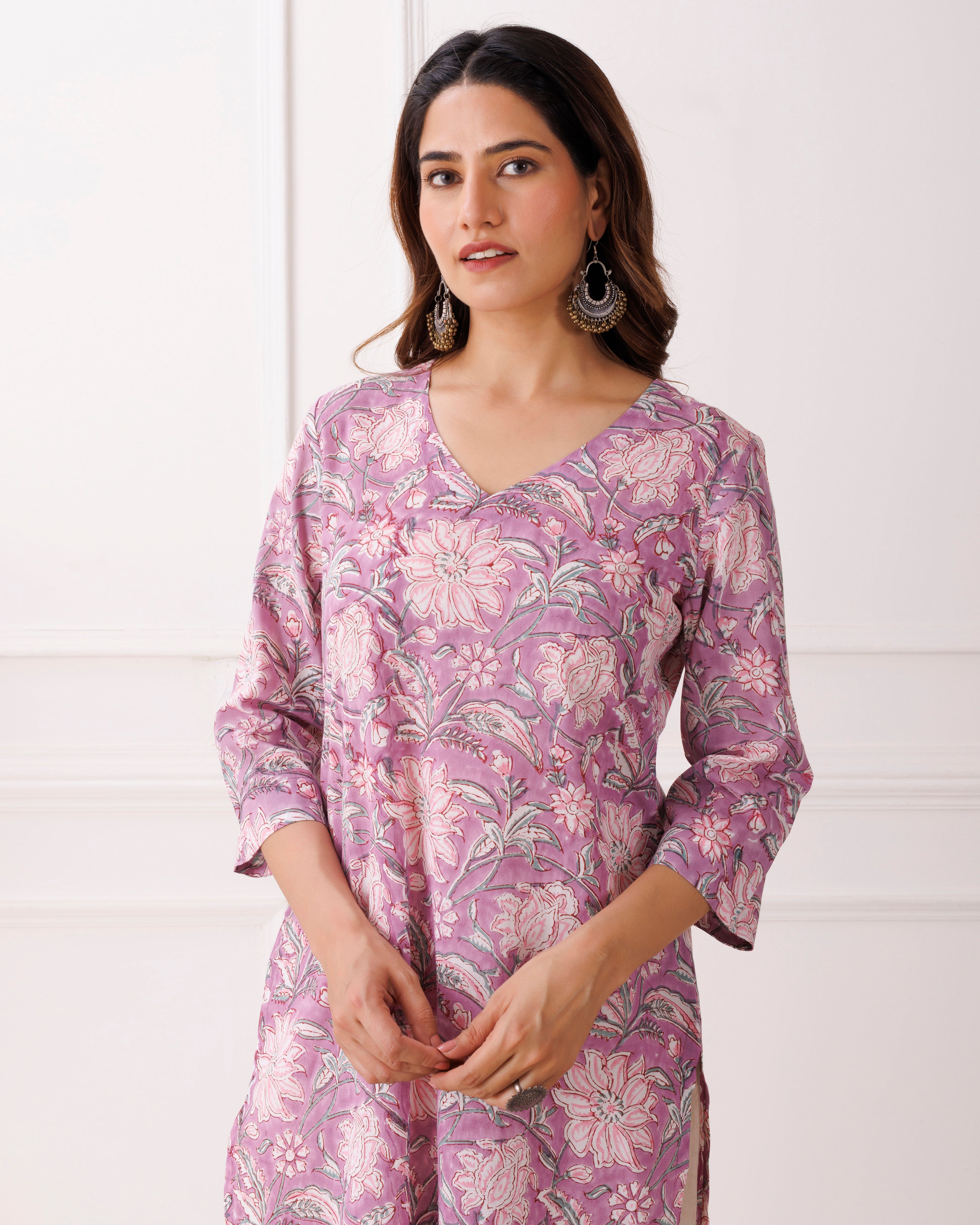 Lilac Floral Handblock Printed Cotton Kurti
