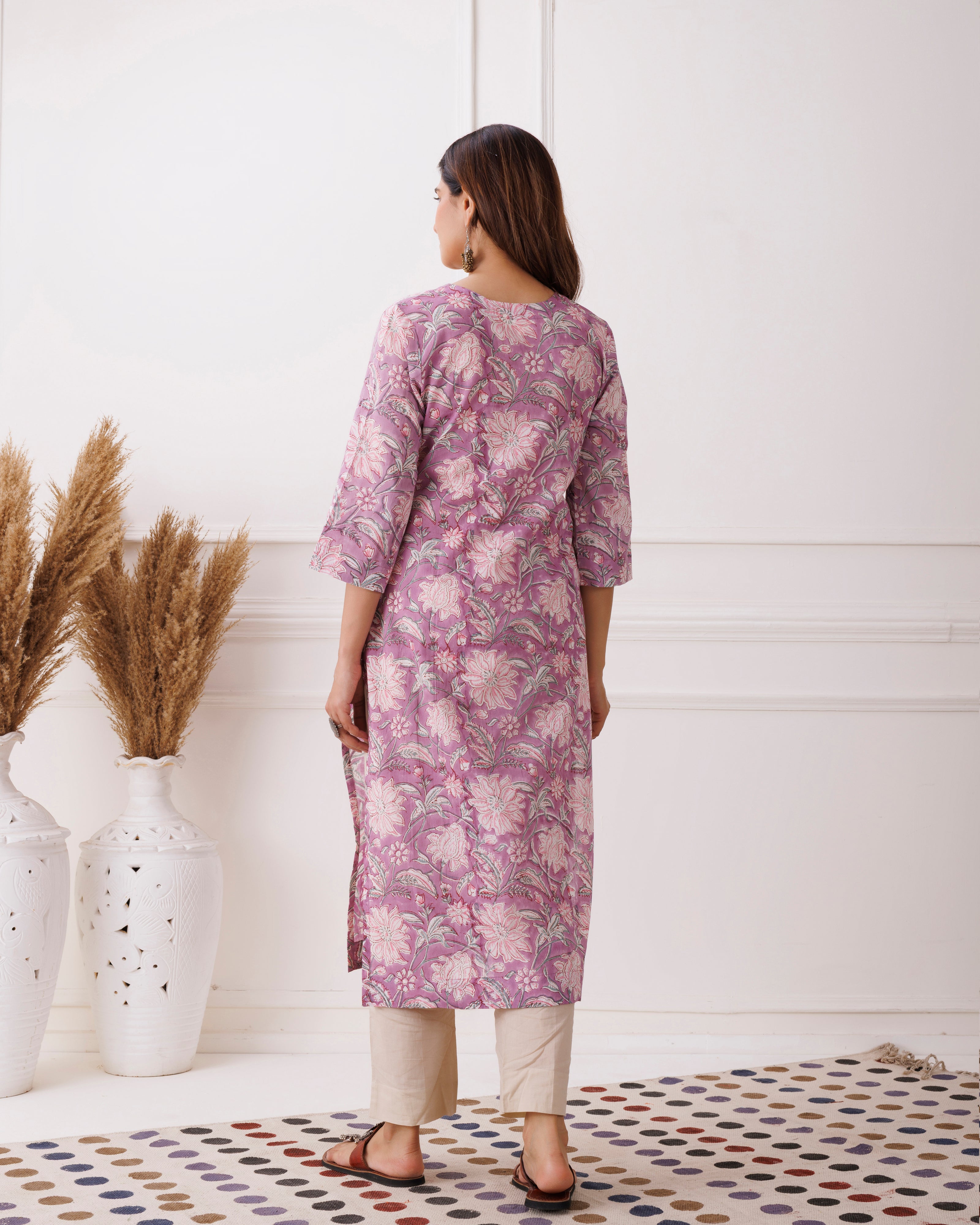 Lilac Floral Handblock Printed Cotton Kurti