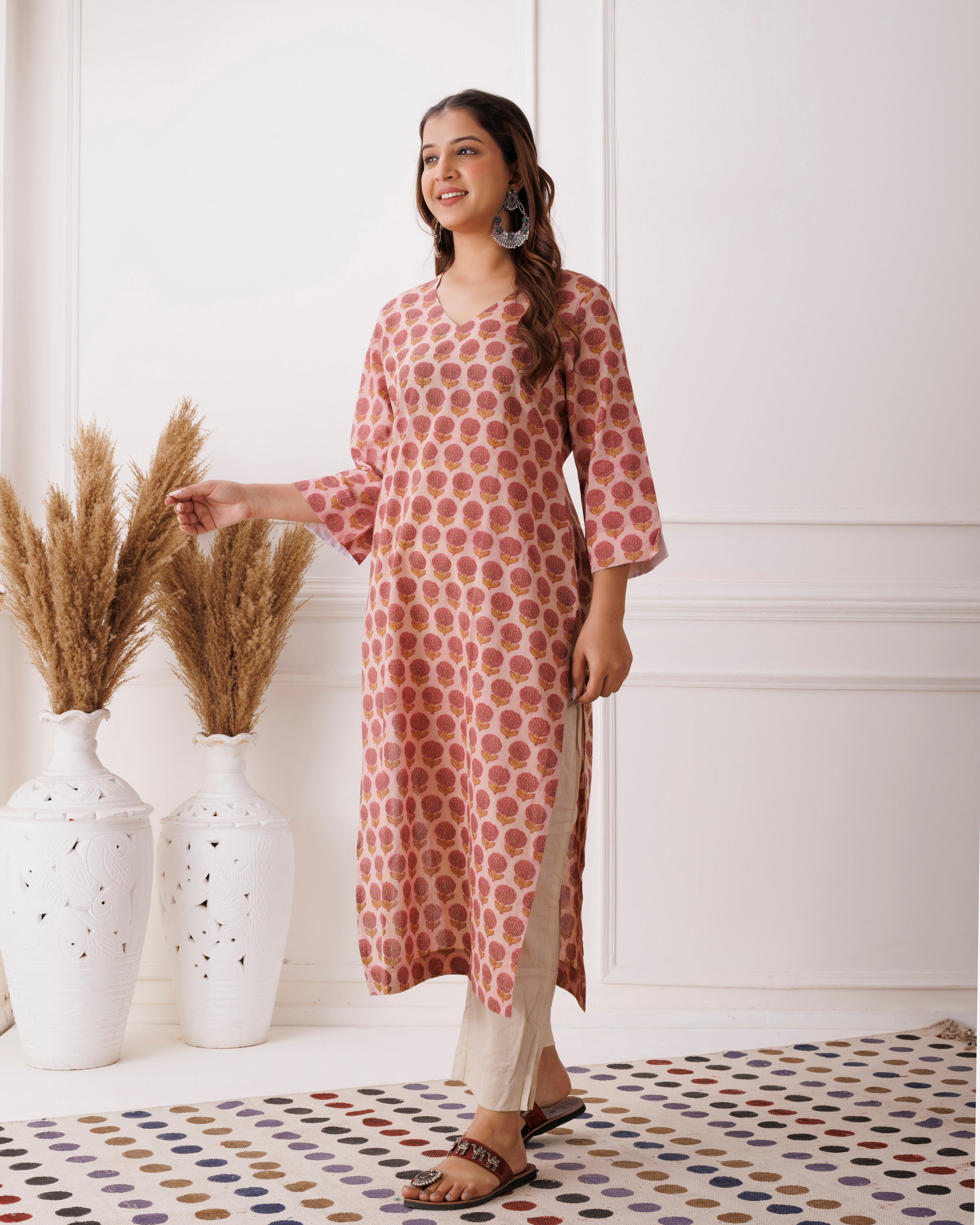 Rust Peach Handblock Printed Cotton Kurti