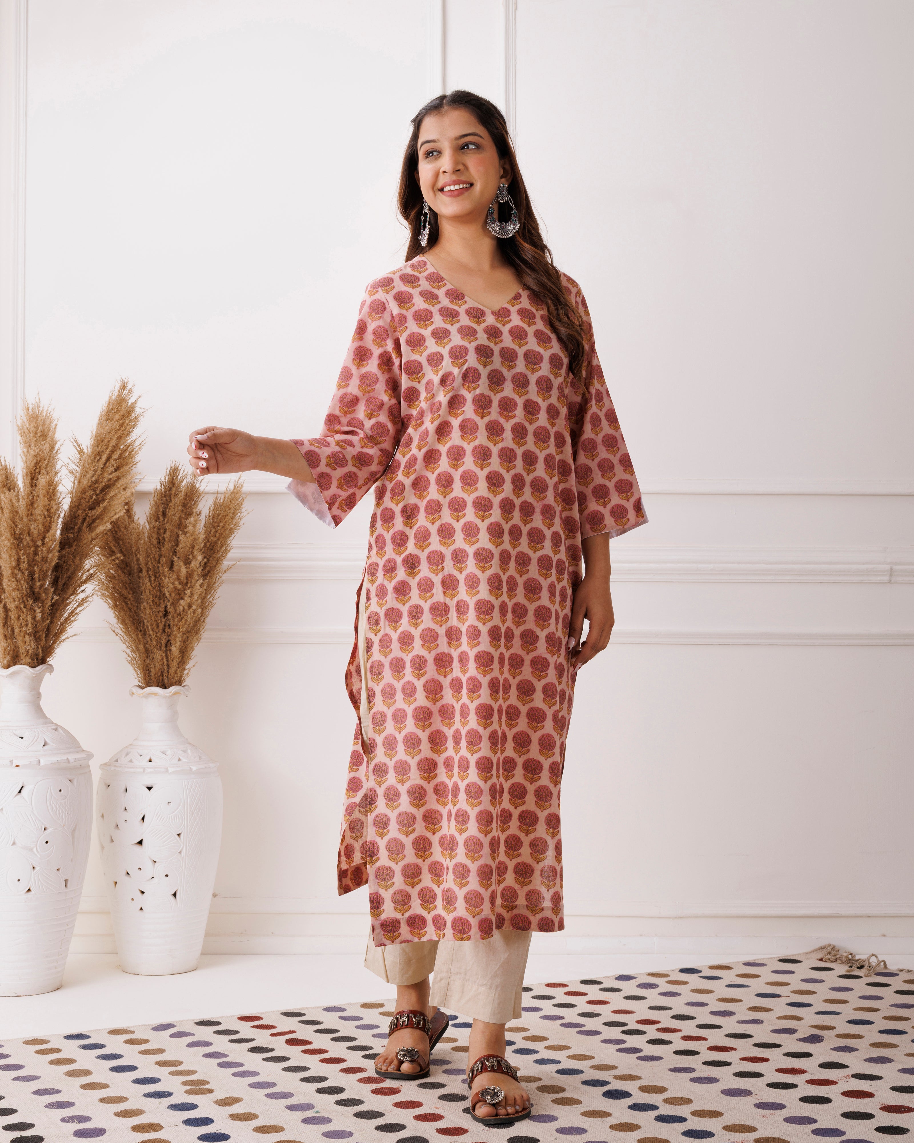 Rust Peach Handblock Printed Cotton Kurti