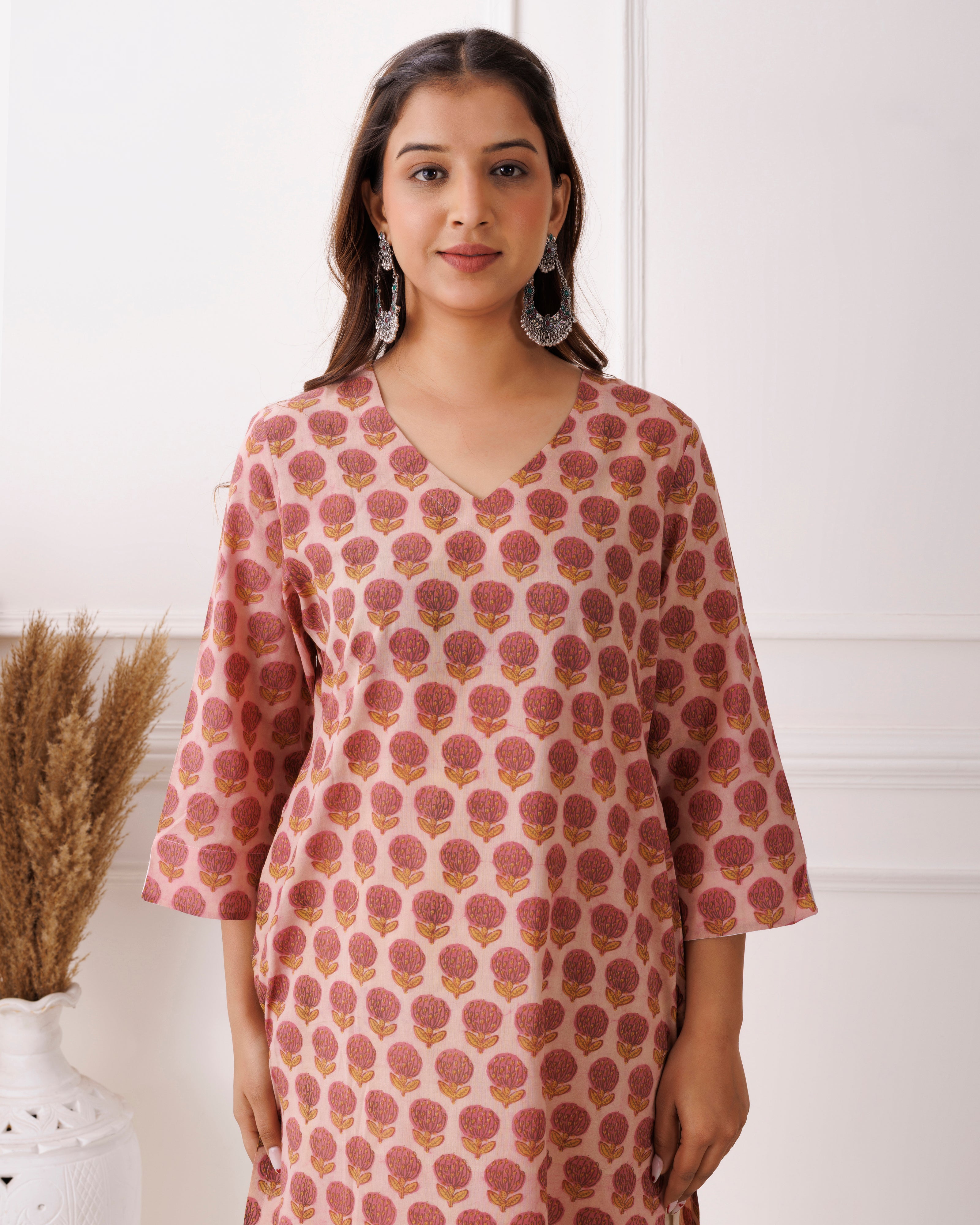 Rust Peach Handblock Printed Cotton Kurti