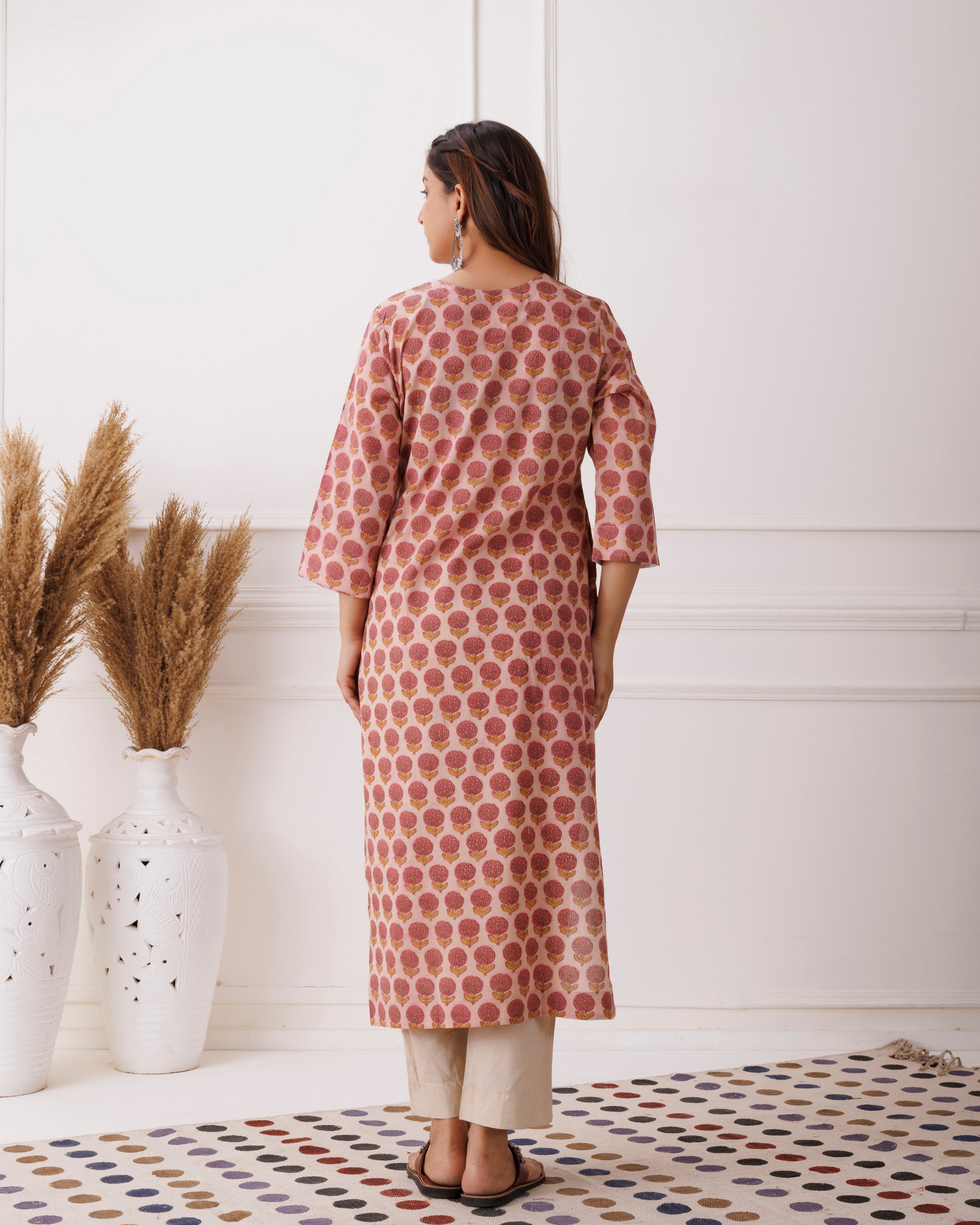 Rust Peach Handblock Printed Cotton Kurti
