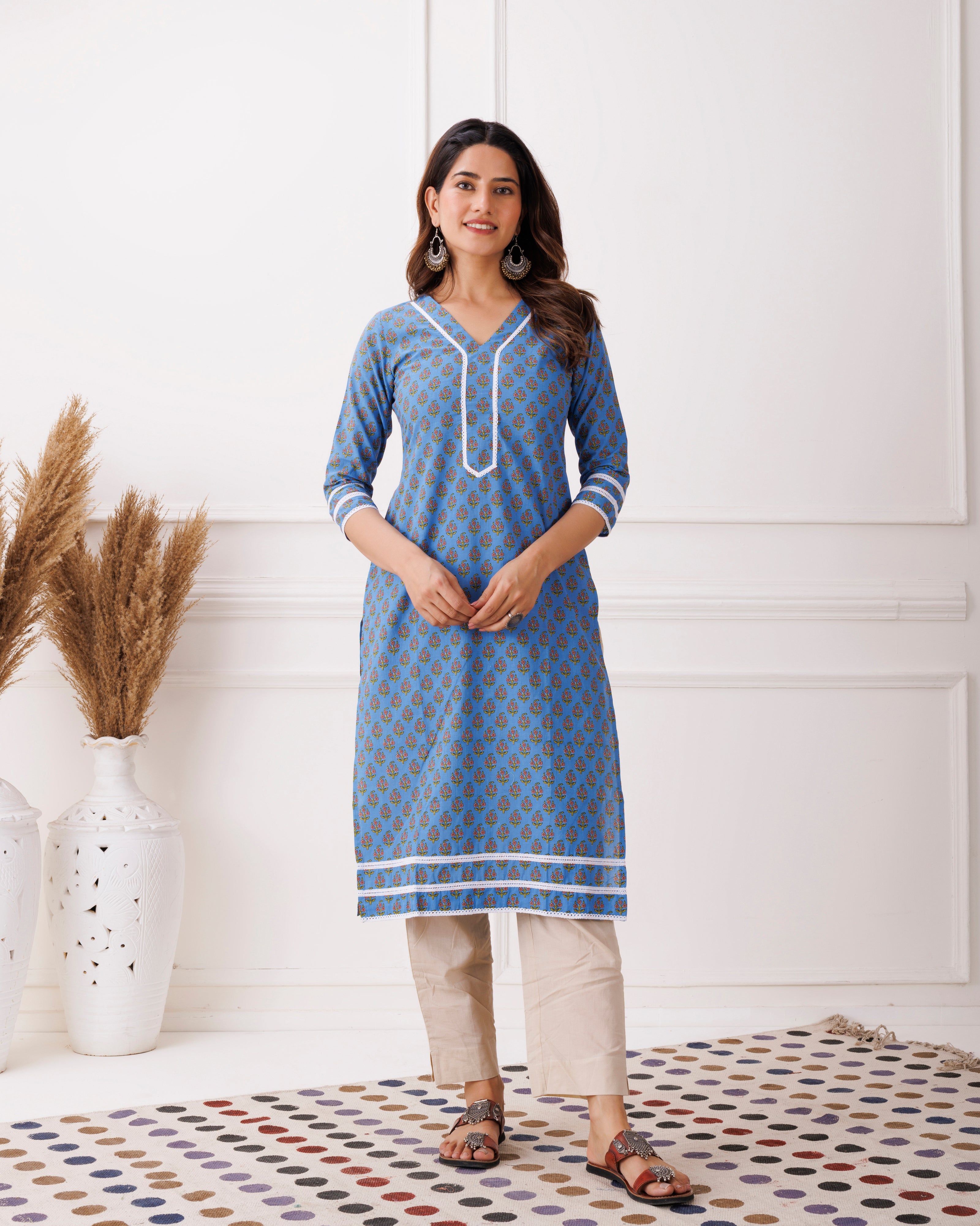 Blue Sanganeri Printed Cotton Kurti