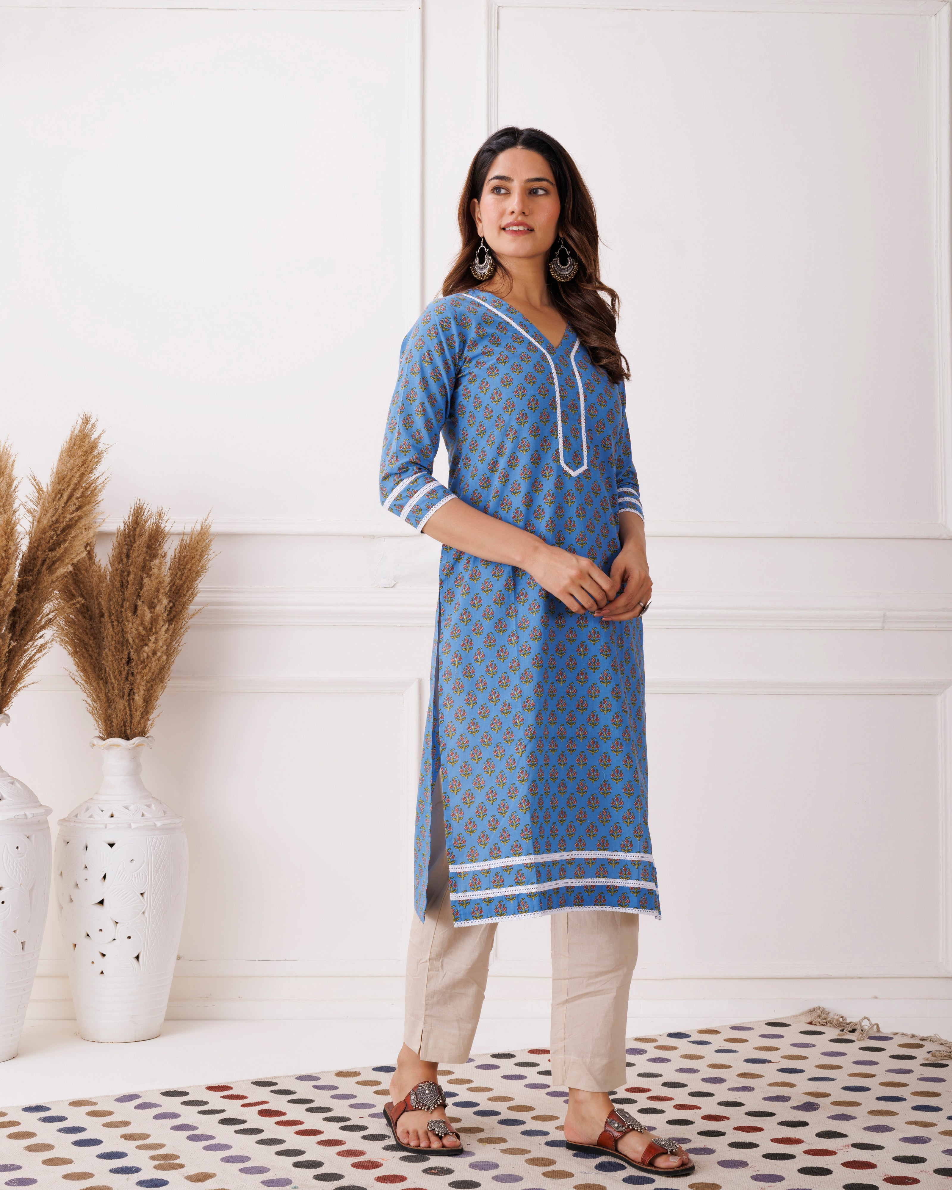 Blue Sanganeri Printed Cotton Kurti