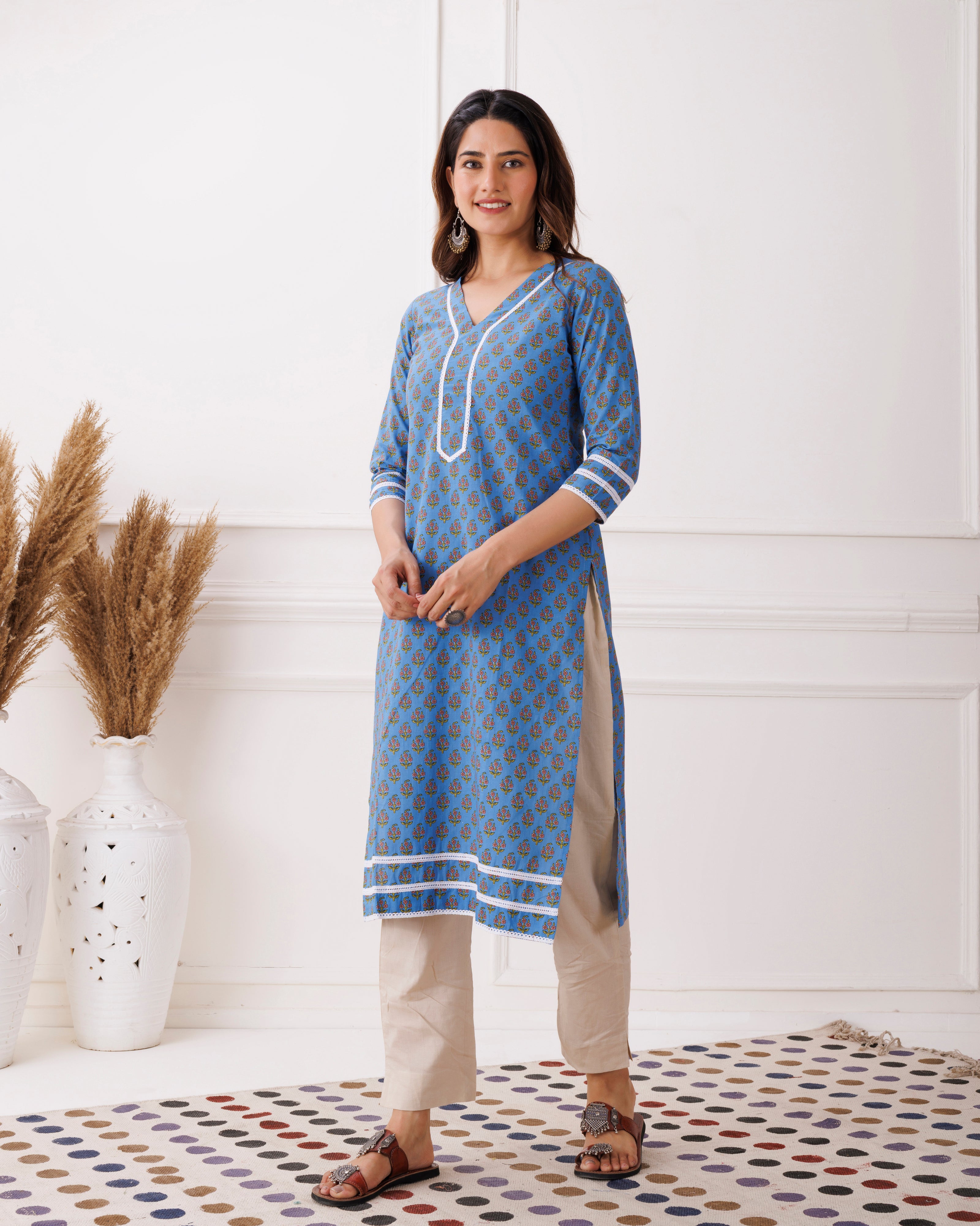 Blue Sanganeri Printed Cotton Kurti