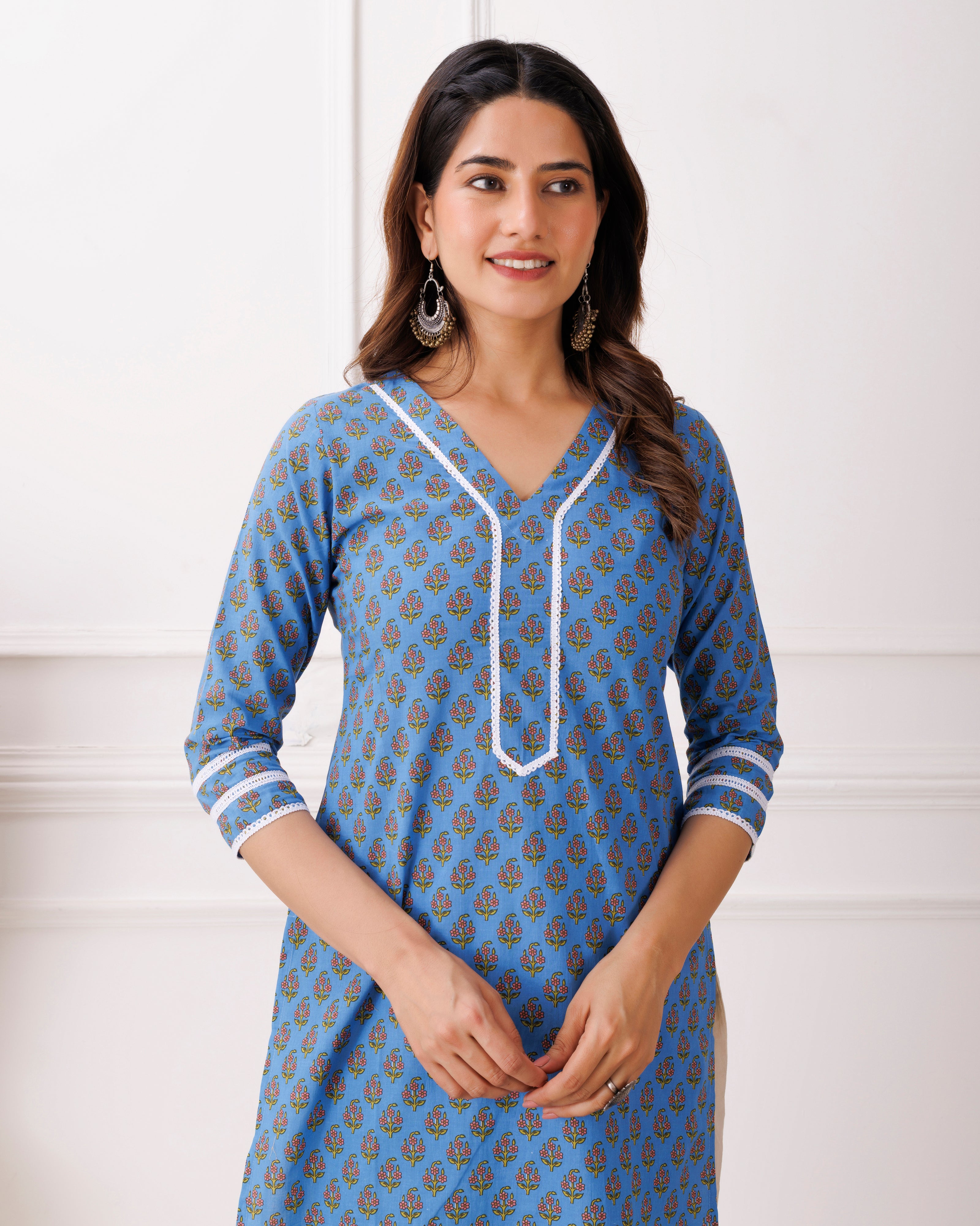 Blue Sanganeri Printed Cotton Kurti
