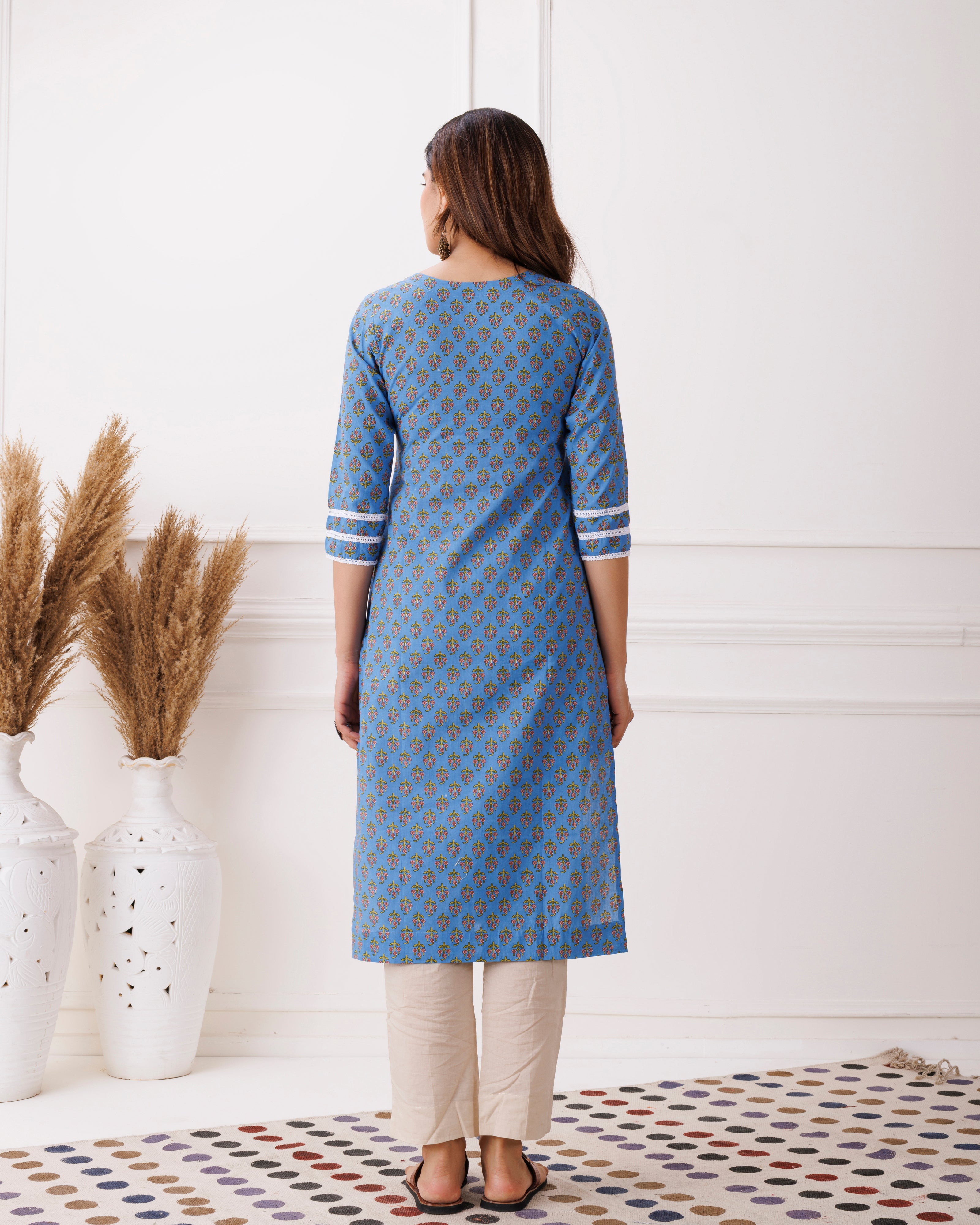 Blue Sanganeri Printed Cotton Kurti