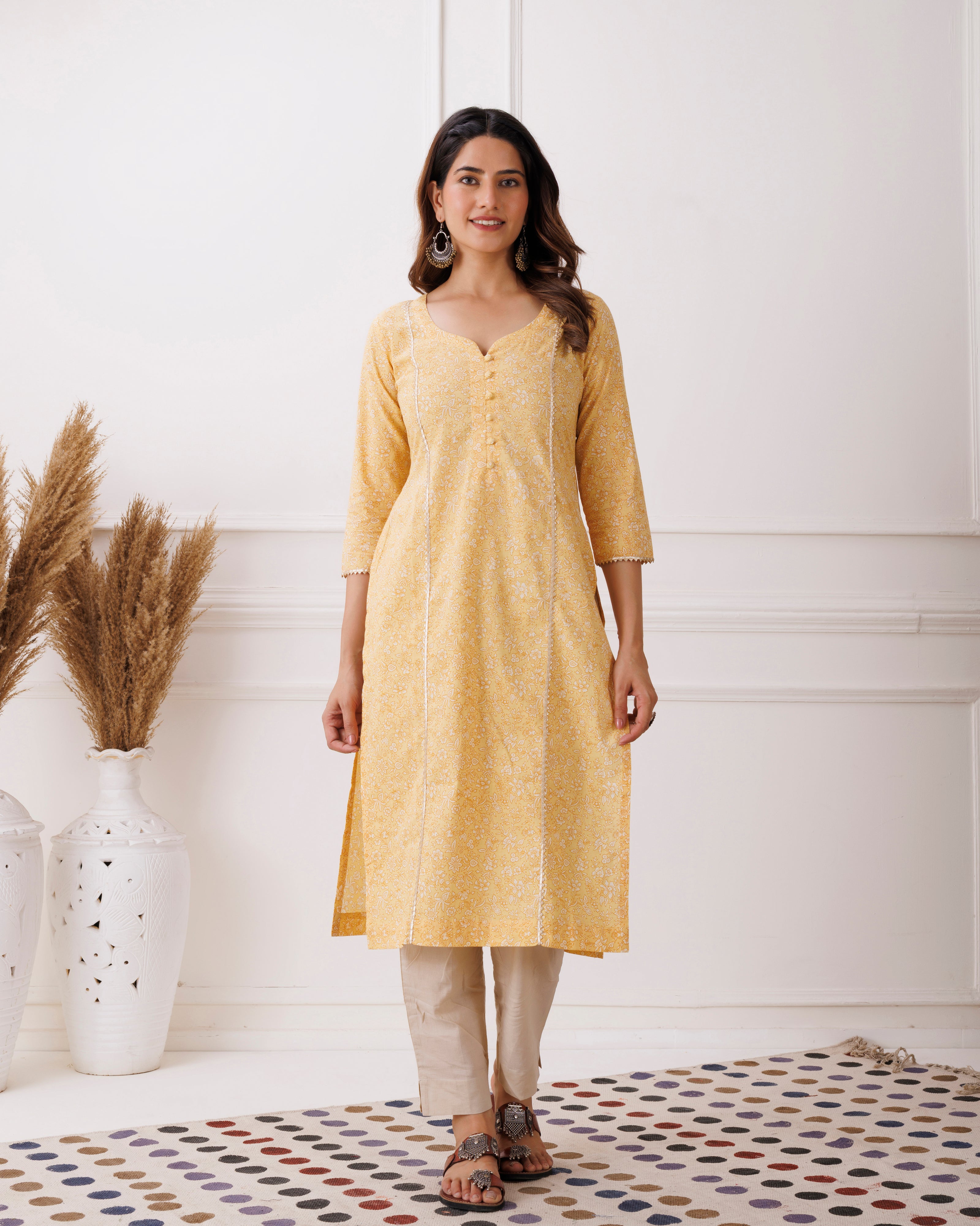 Lime Yellow Jaipuri Printed Cotton Kurti