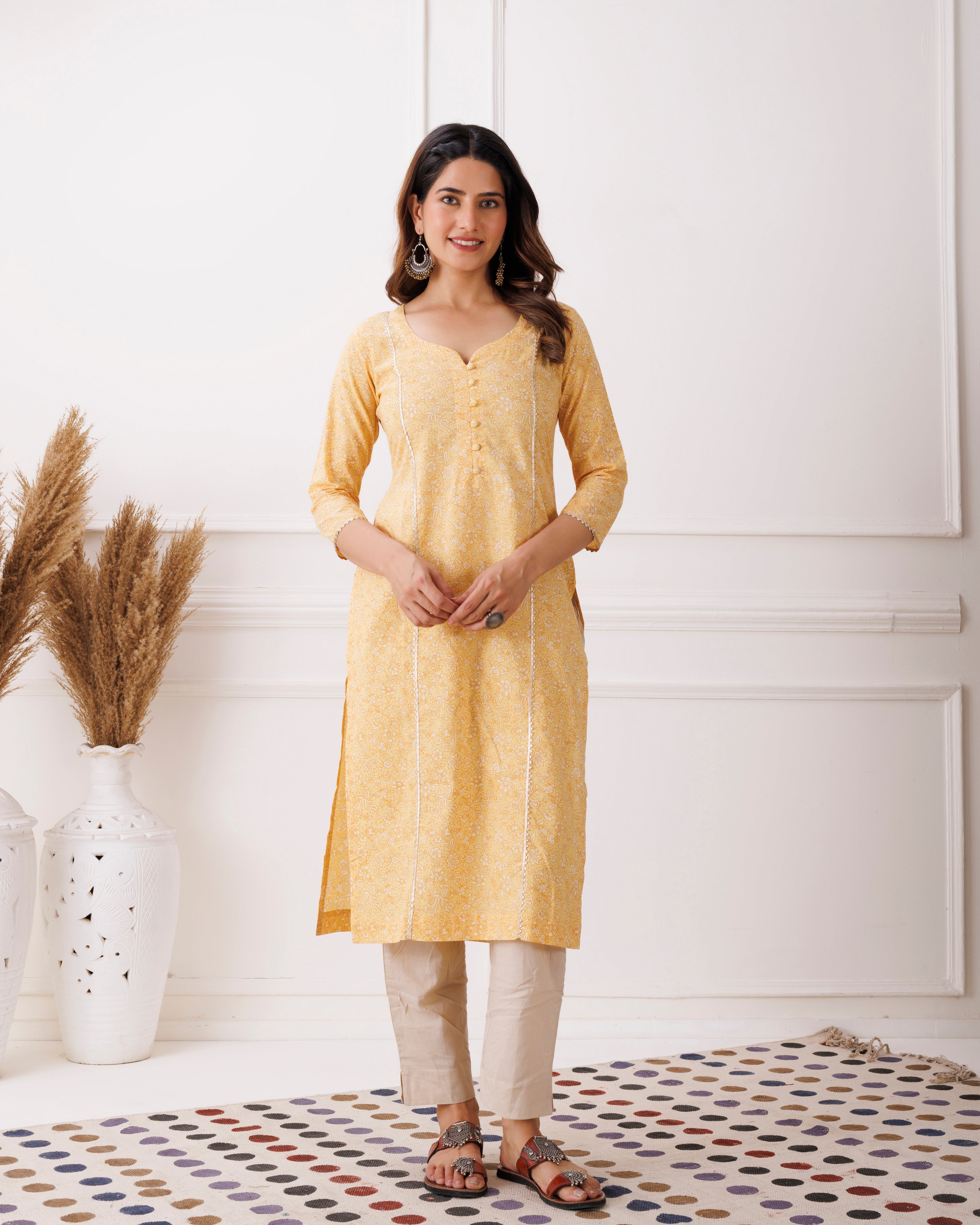 Lime Yellow Jaipuri Printed Cotton Kurti