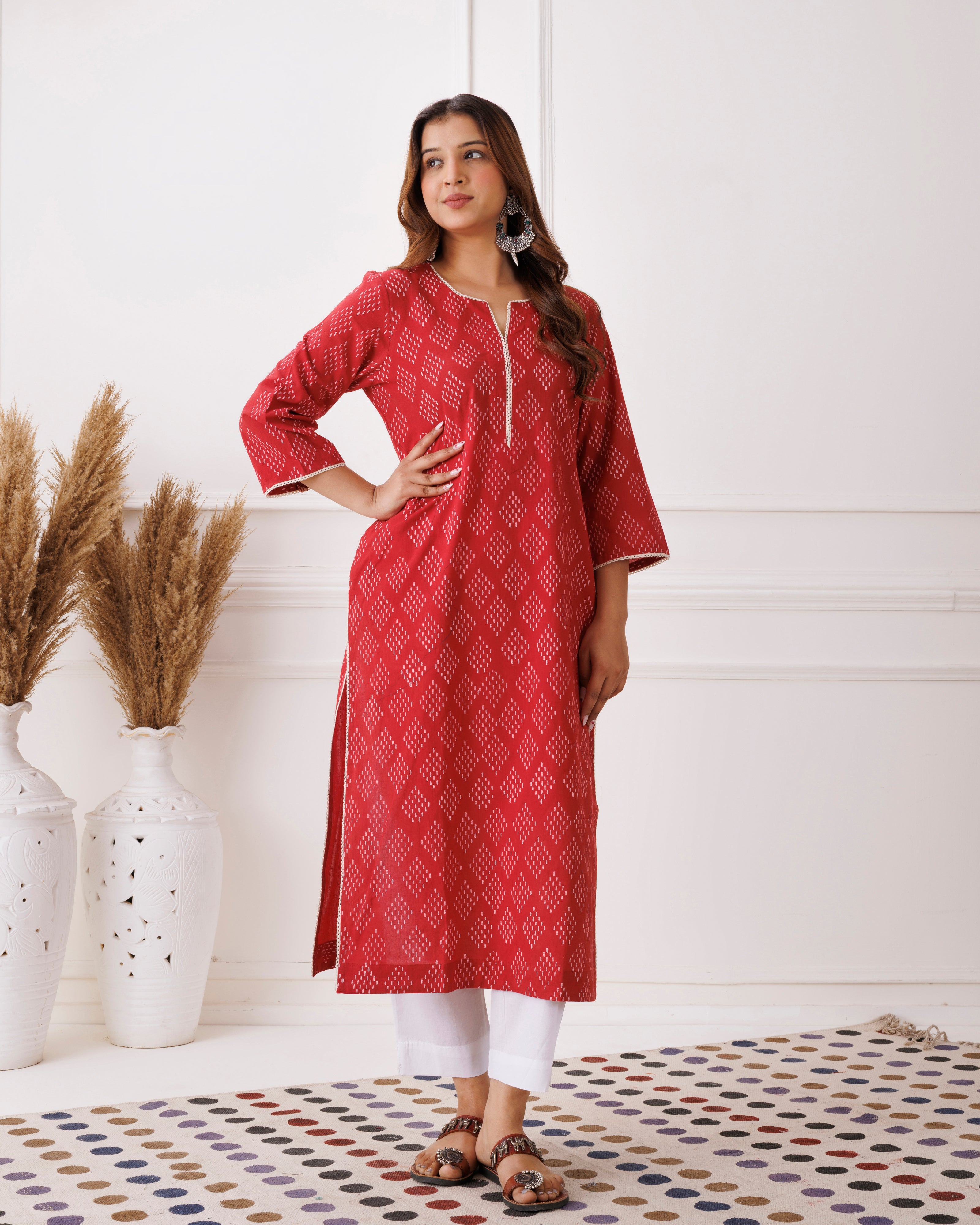 Red Handblock Printed Cotton Kurti