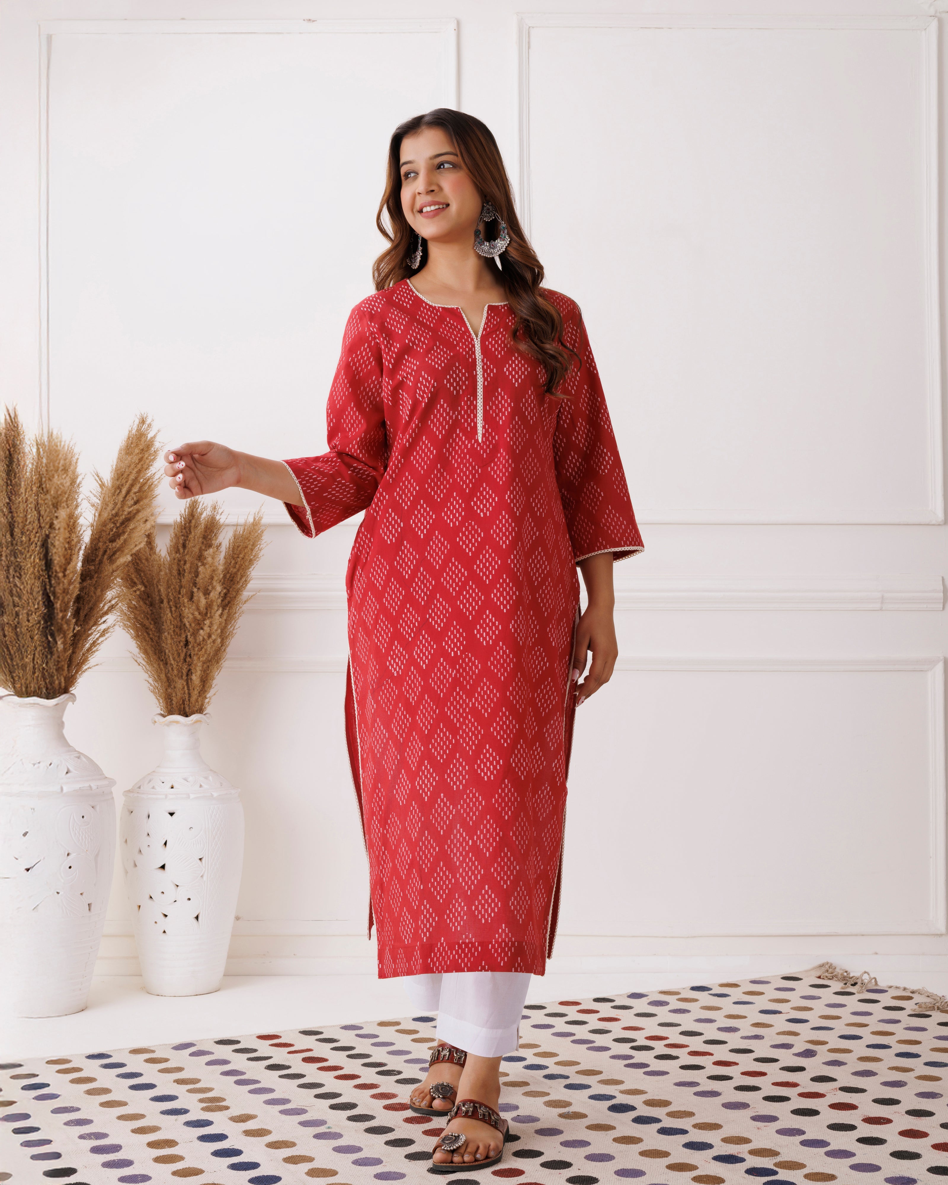 Red Handblock Printed Cotton Kurti