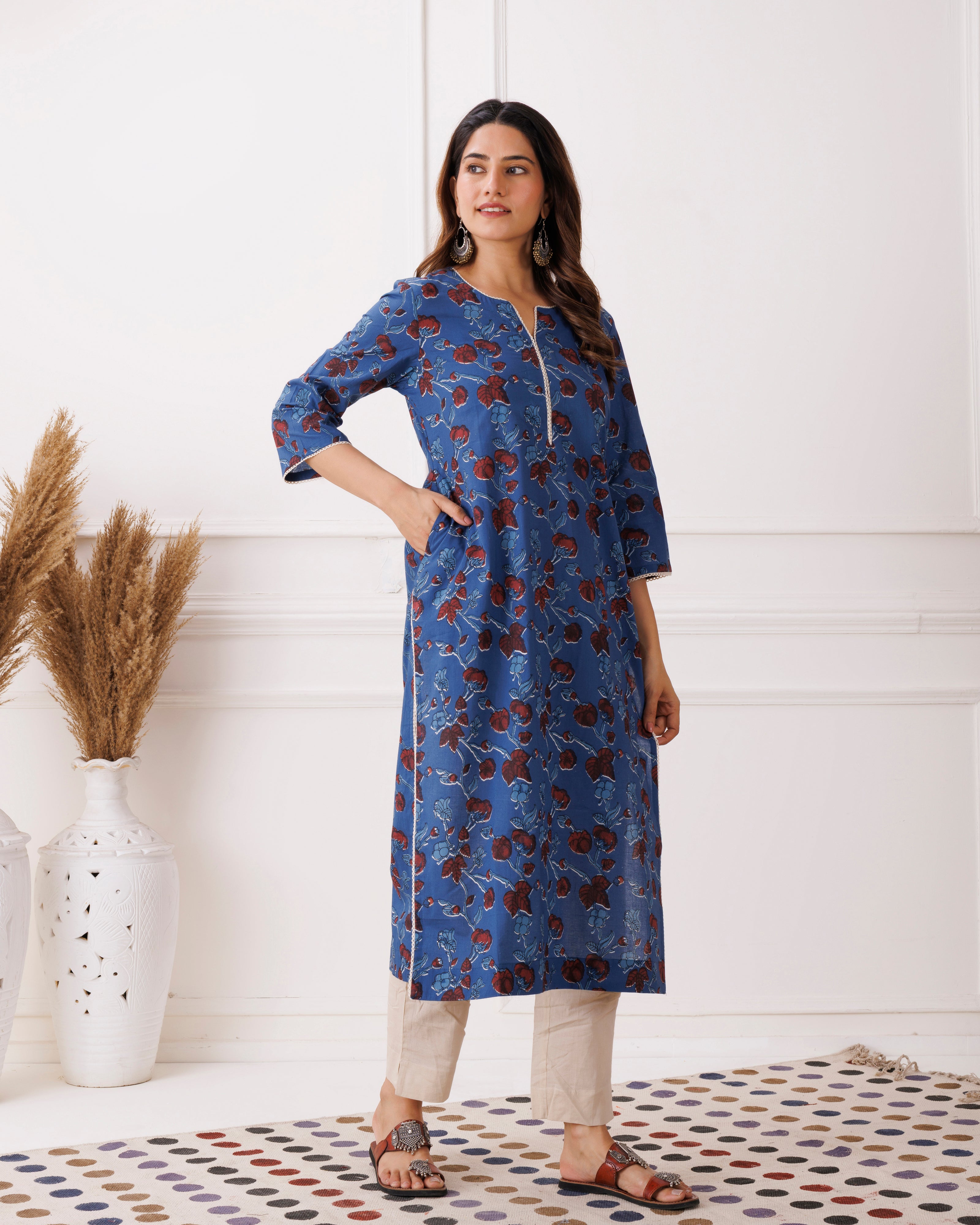Indigo Floral Handblock Printed Cotton Kurti
