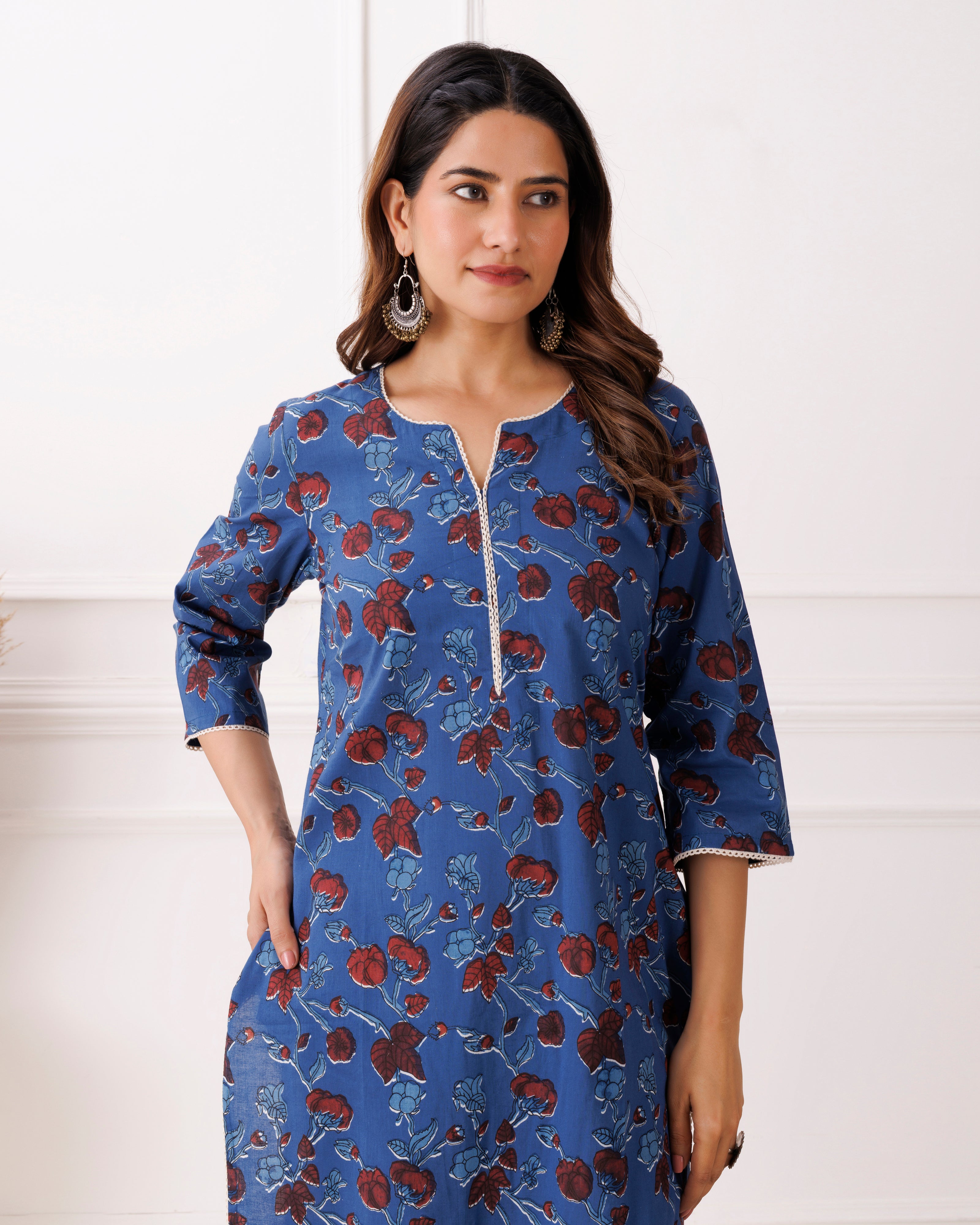 Indigo Floral Handblock Printed Cotton Kurti