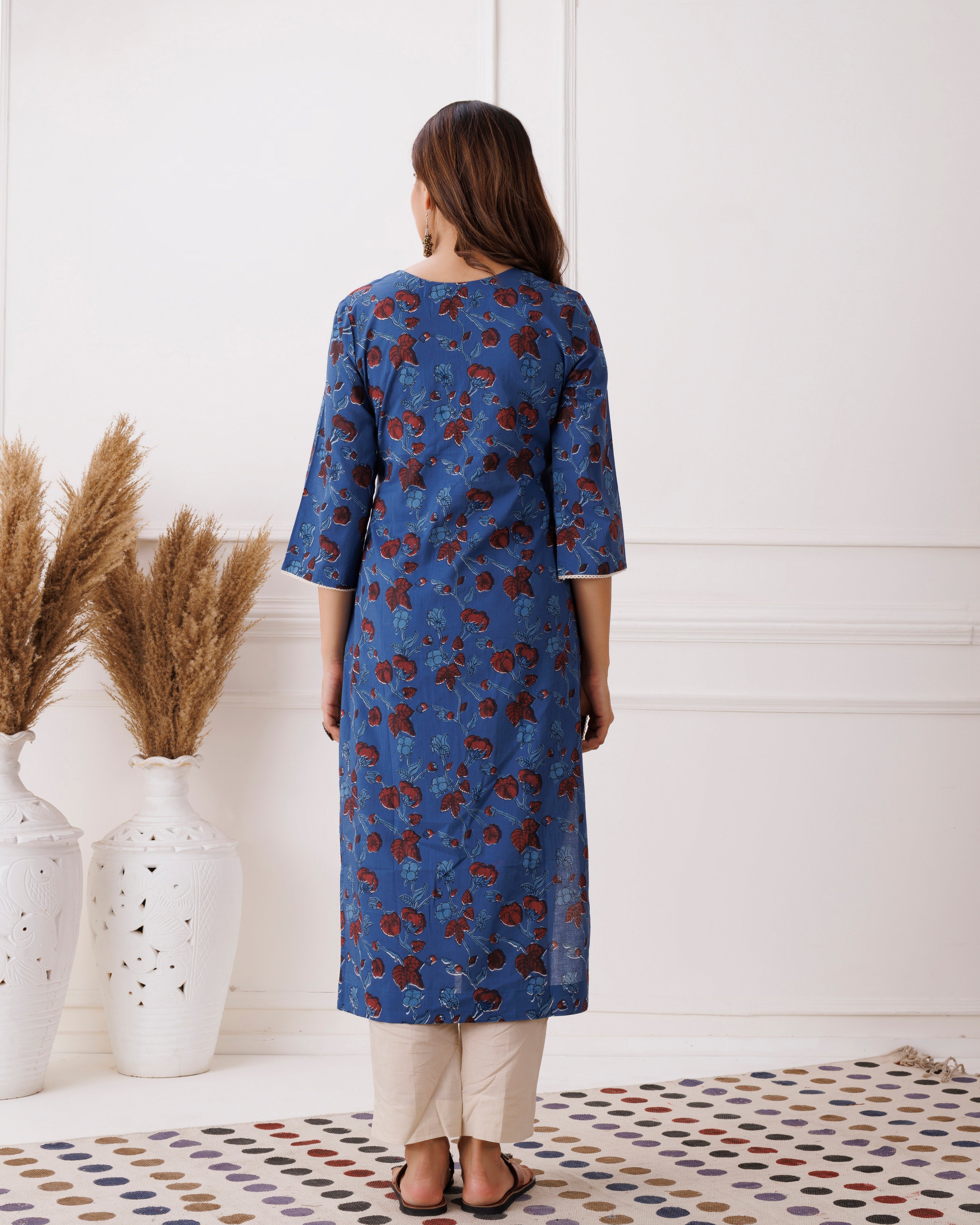 Indigo Floral Handblock Printed Cotton Kurti