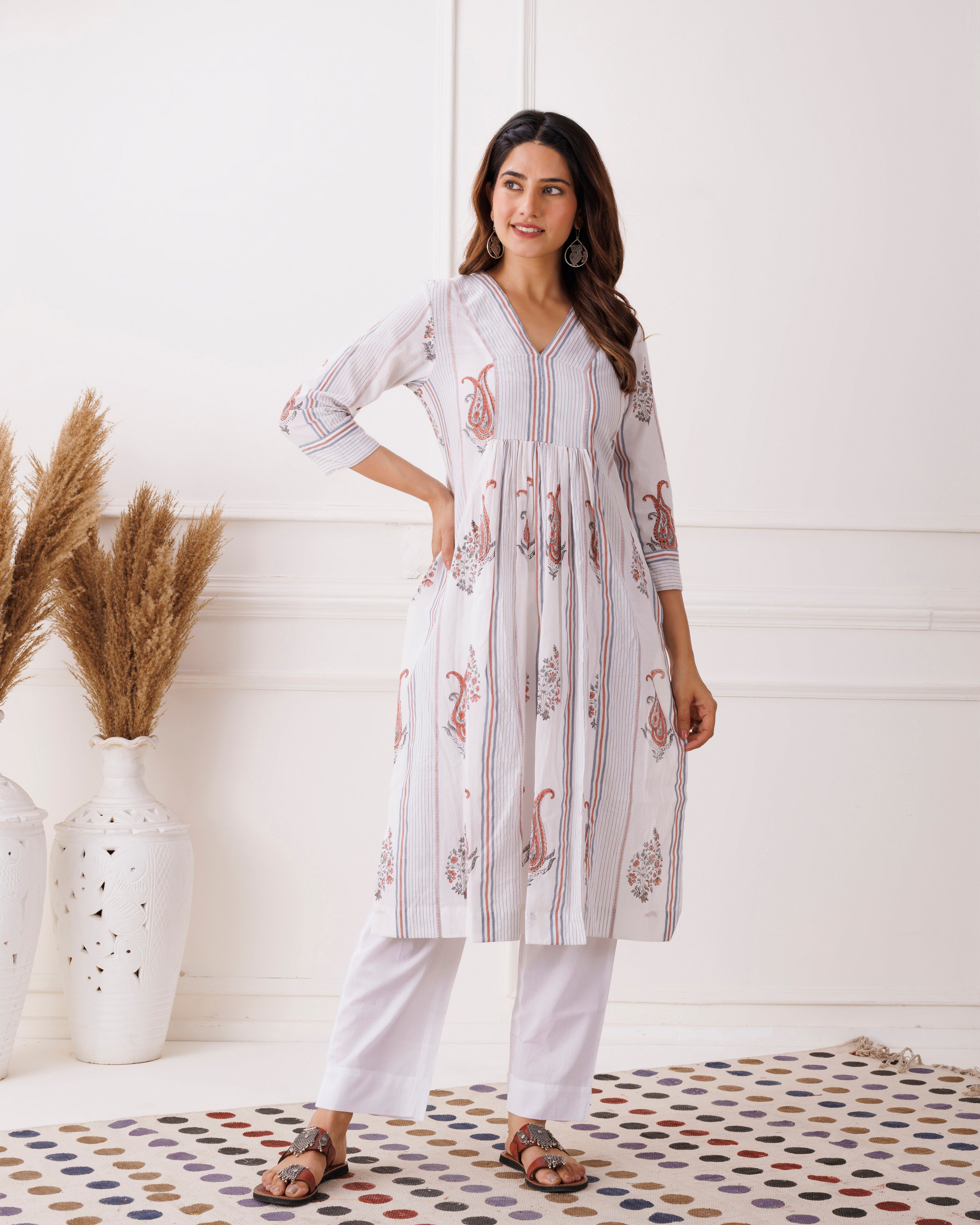 White Gathered Paisley Handblcok Printed Cotton Kurti