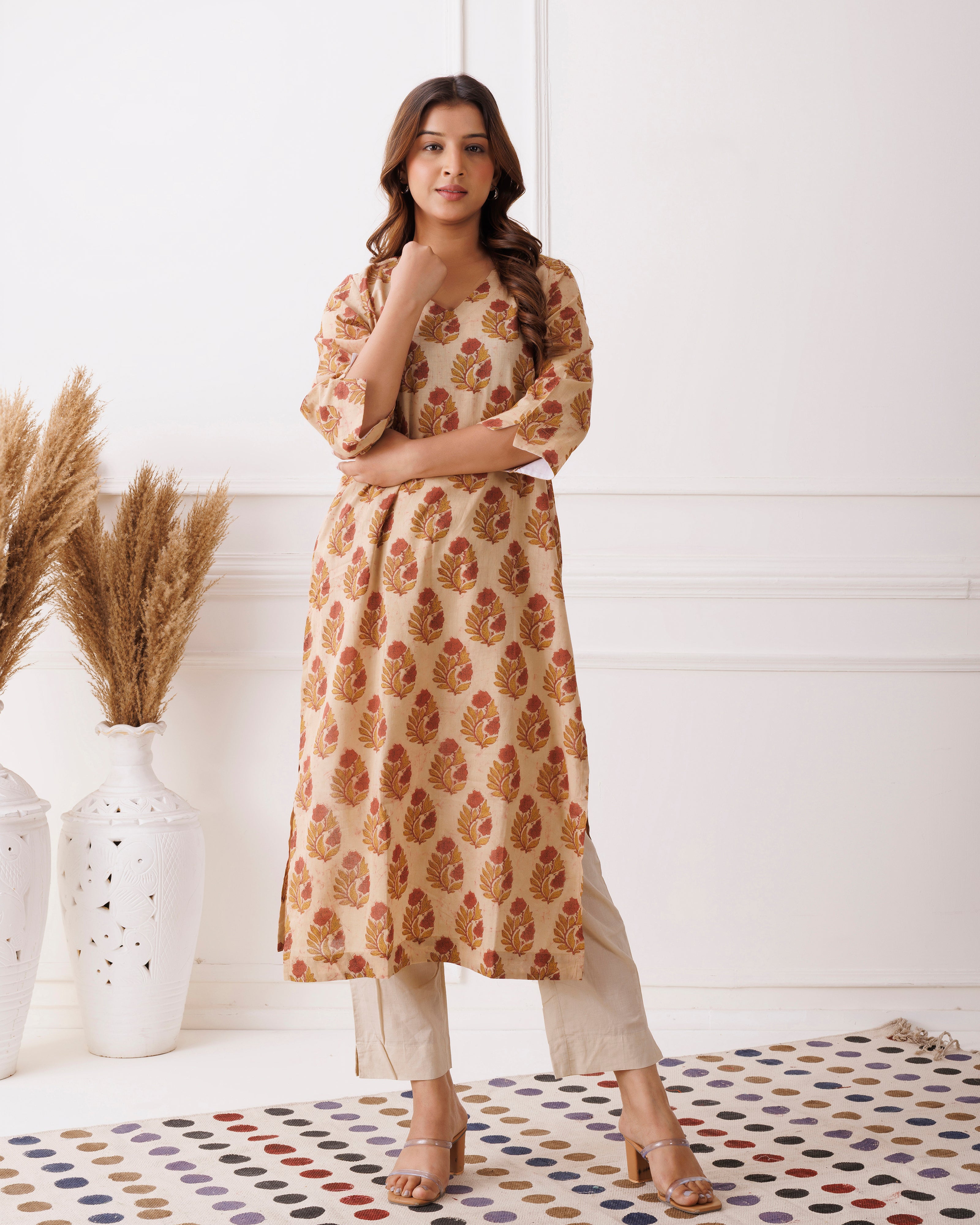 Beige Handblock Printed Cotton Kurti