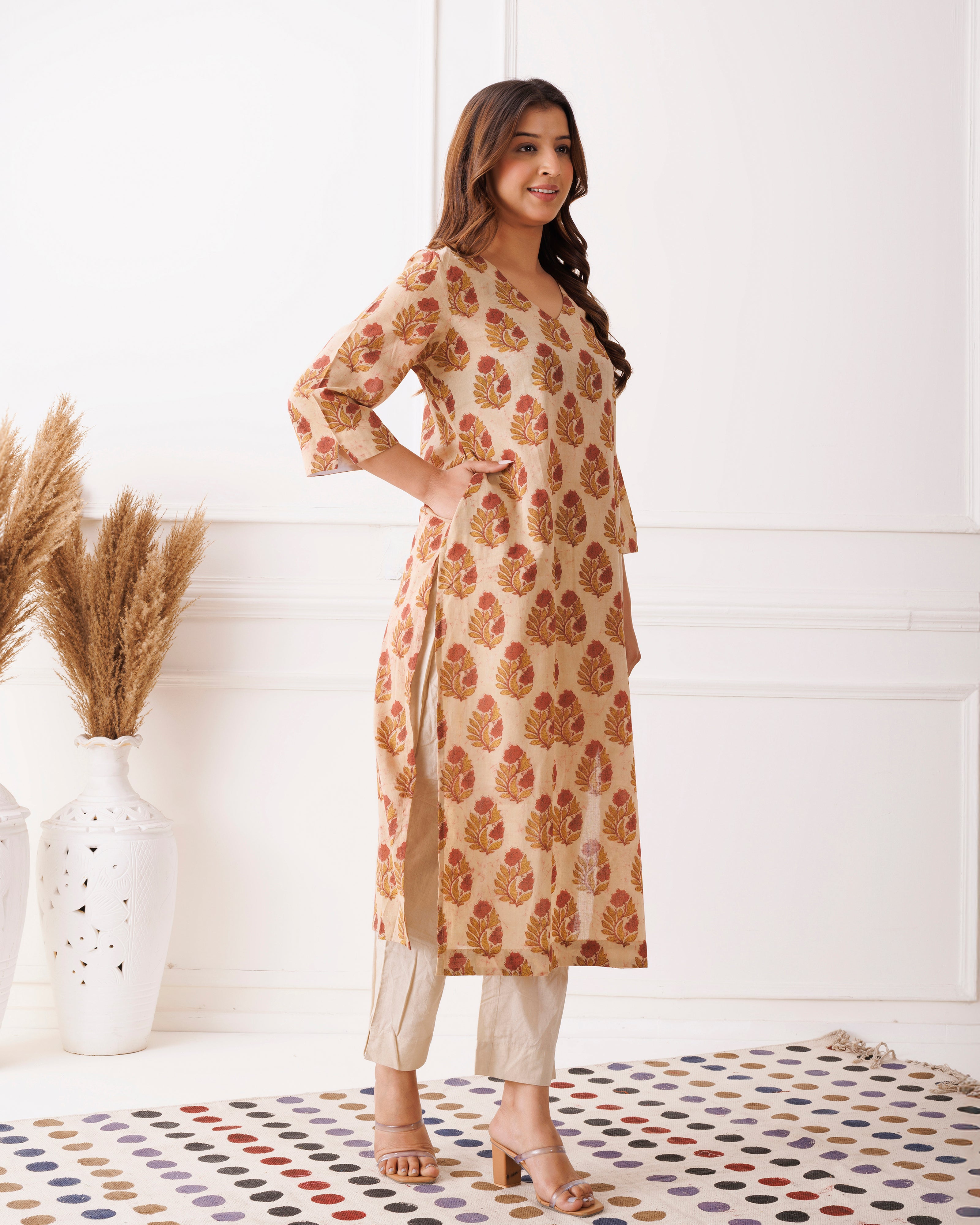 Beige Handblock Printed Cotton Kurti