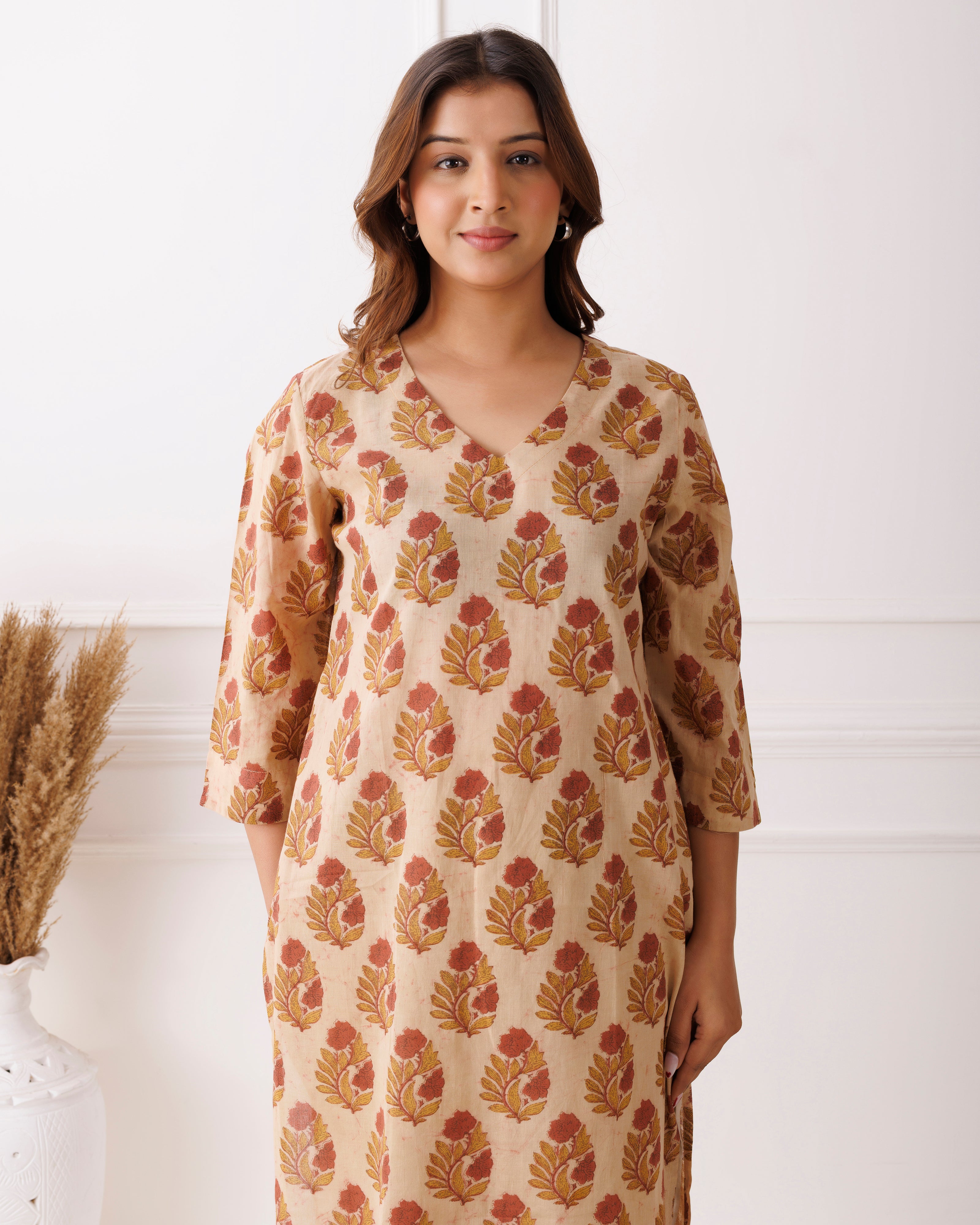 Beige Handblock Printed Cotton Kurti