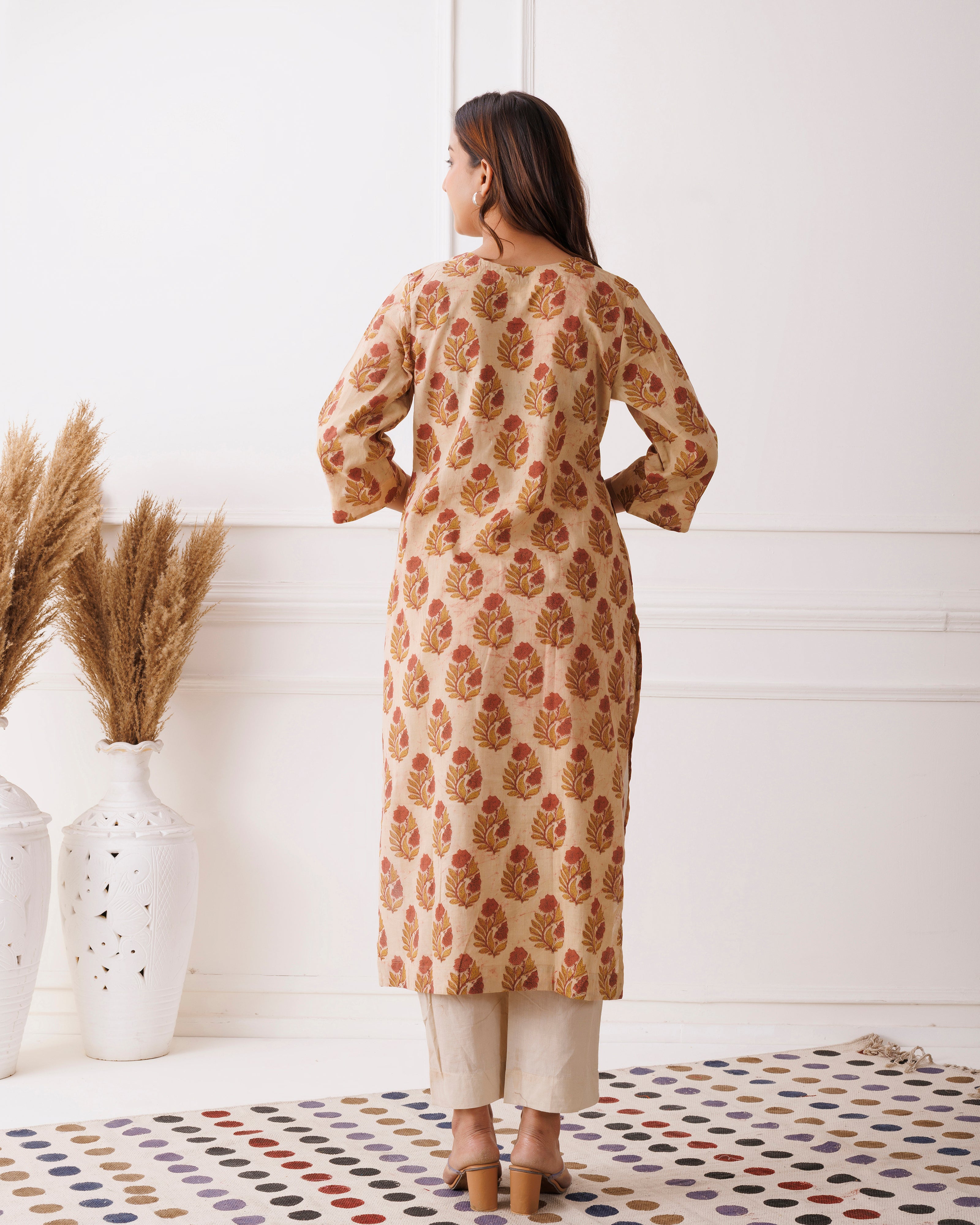 Beige Handblock Printed Cotton Kurti