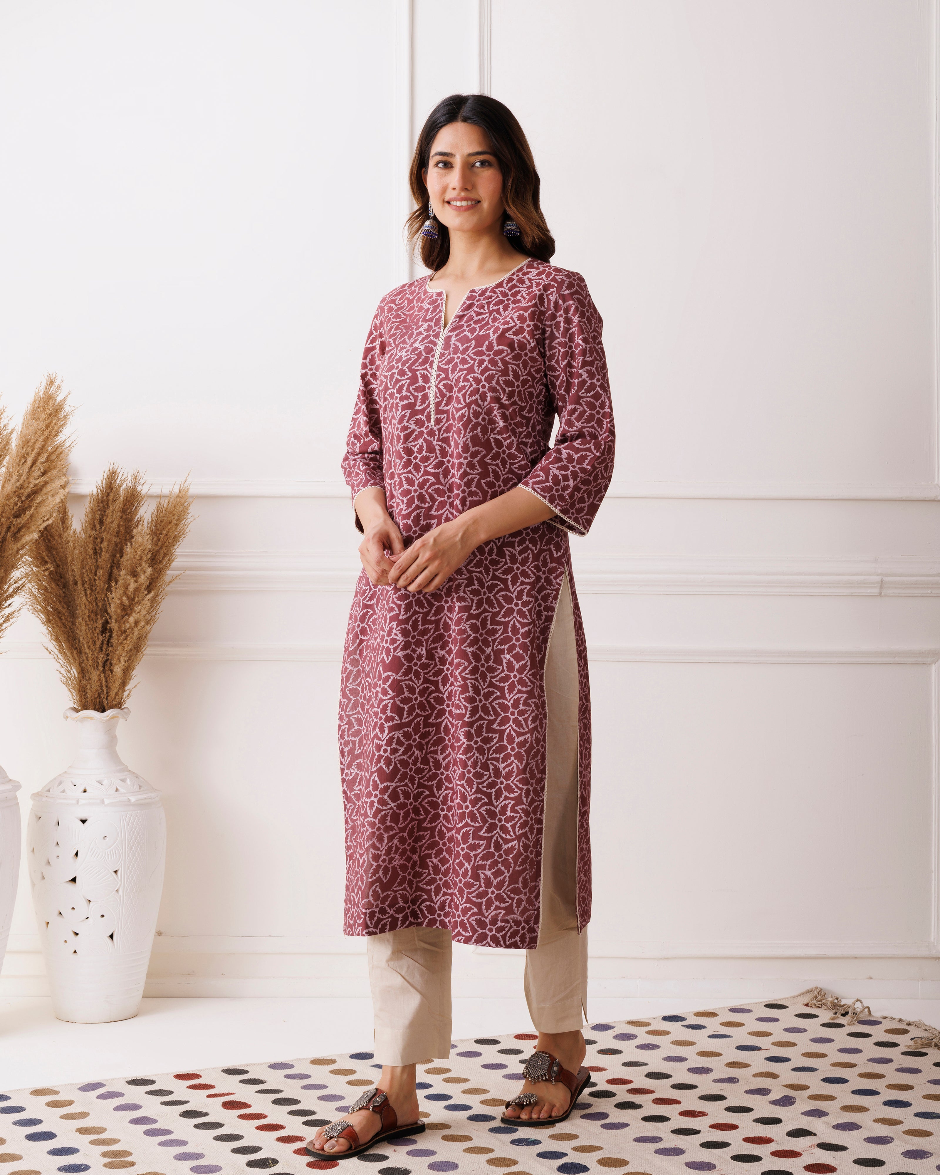 Wine Hand Block Printed Cotton Kurti