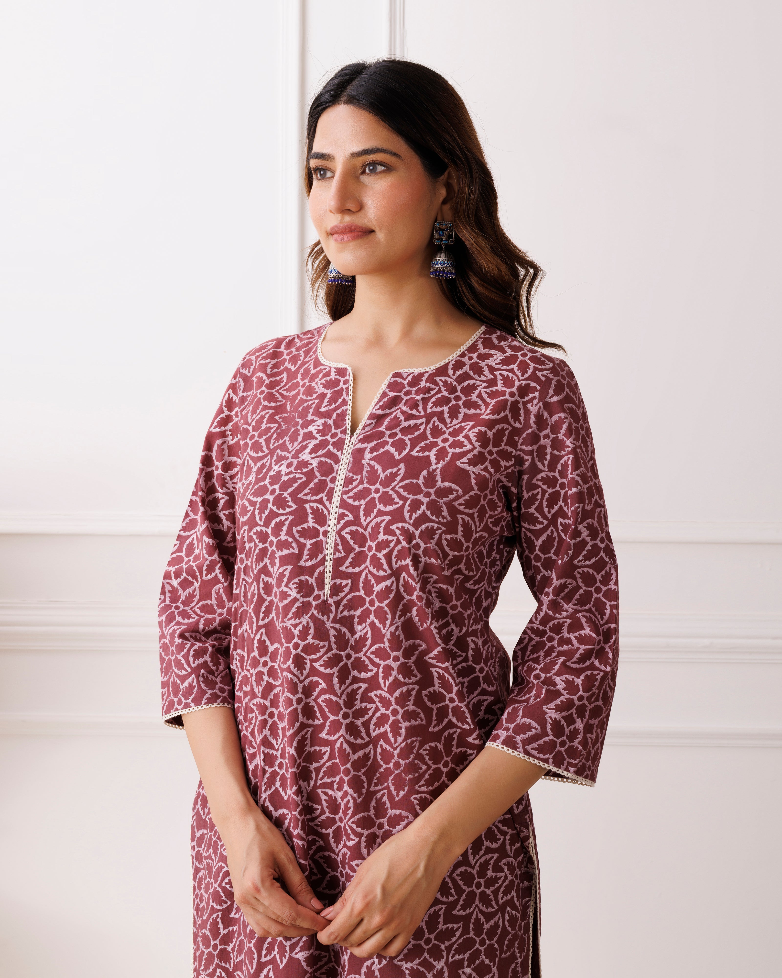 Wine Hand Block Printed Cotton Kurti